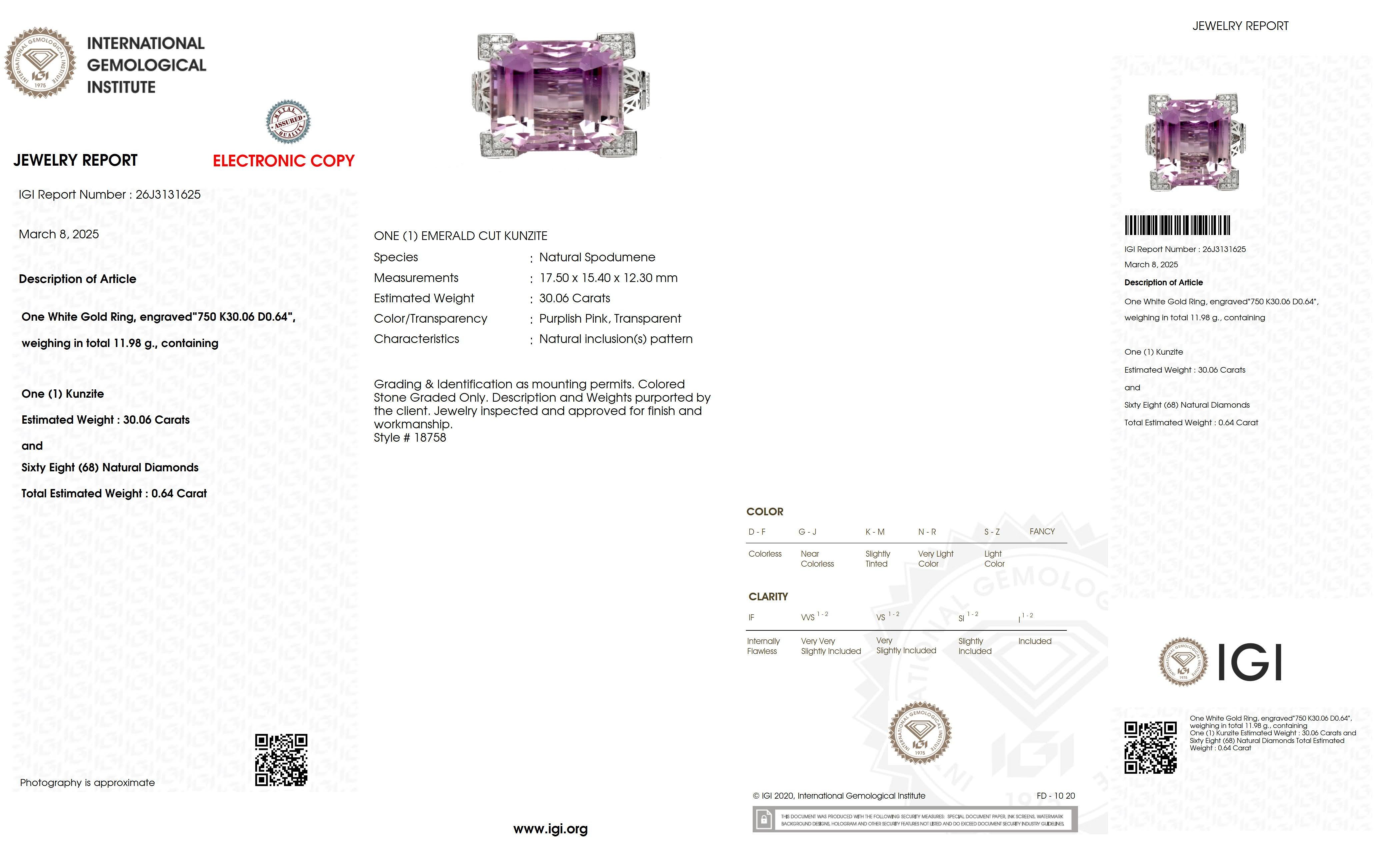 IGI 18K 30.06 ct Dual-Color Kunzite&Diamond La Tour Eiffel Cocktail Ring For Sale 3