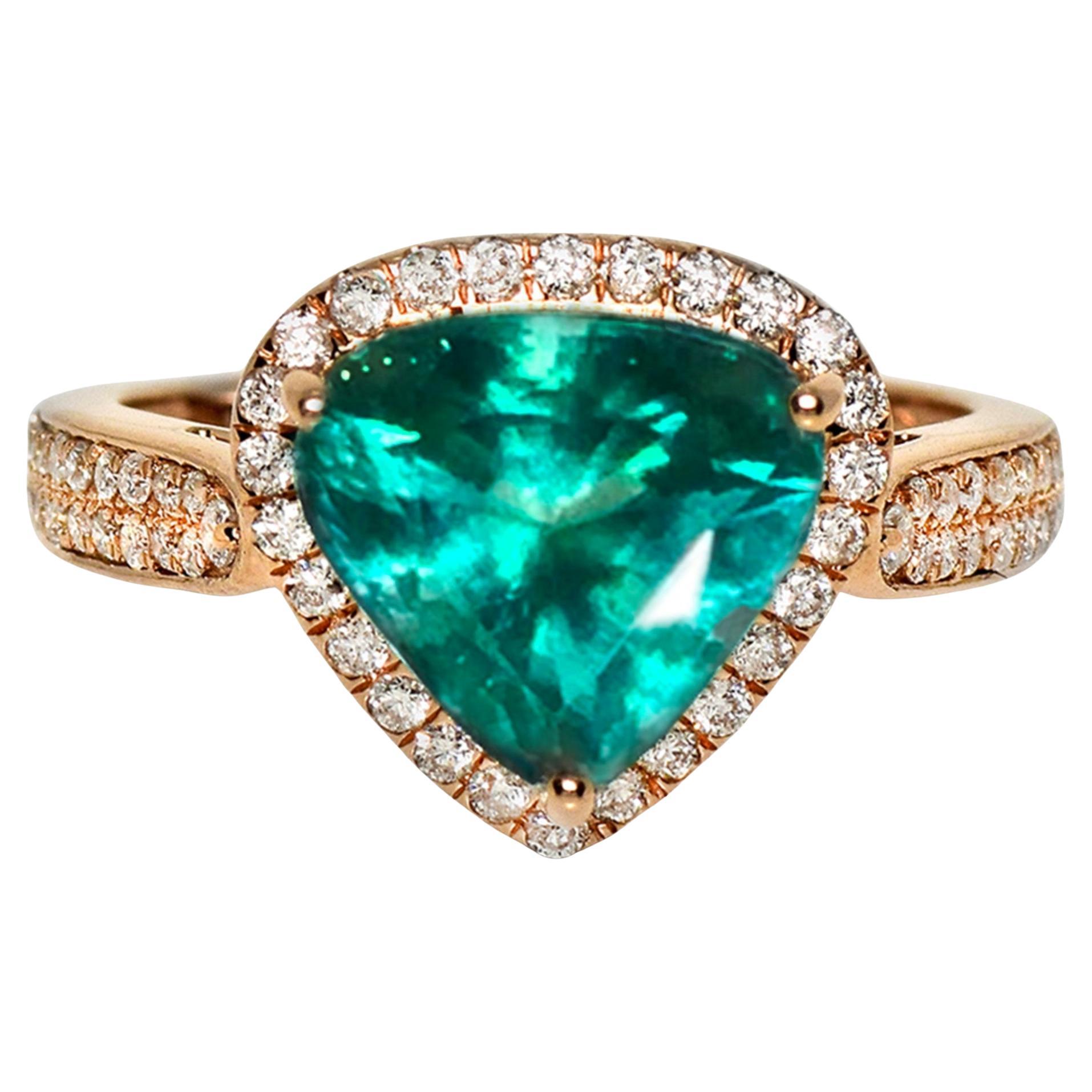 Bague de fiançailles IGI 18K 3.04 Ct Natural Paraiba Emerald&Diamonds Antique