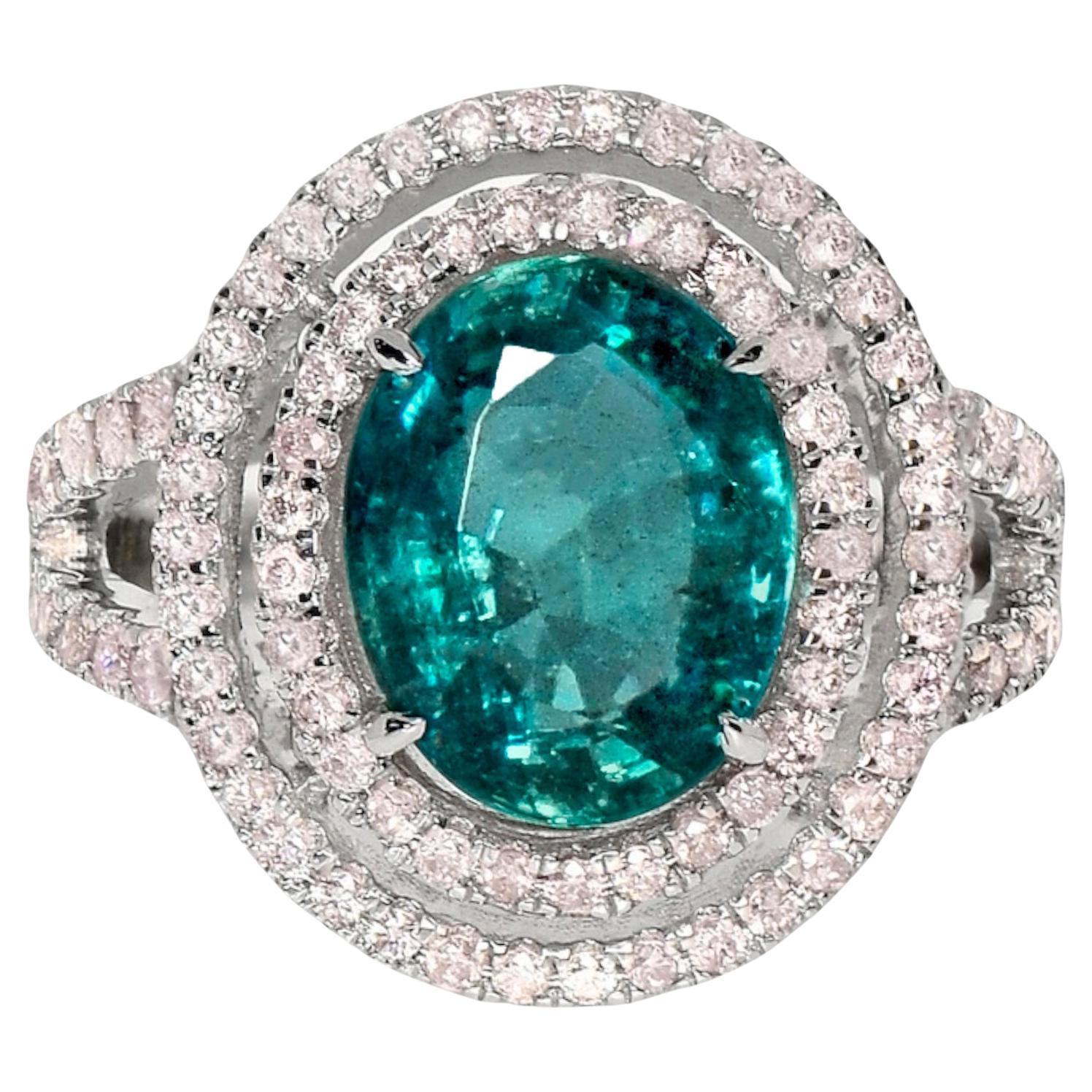 IGI 3.06 Ct 18K White Gold Natural Emerald&Pink Diamonds Antique Engagement Ring