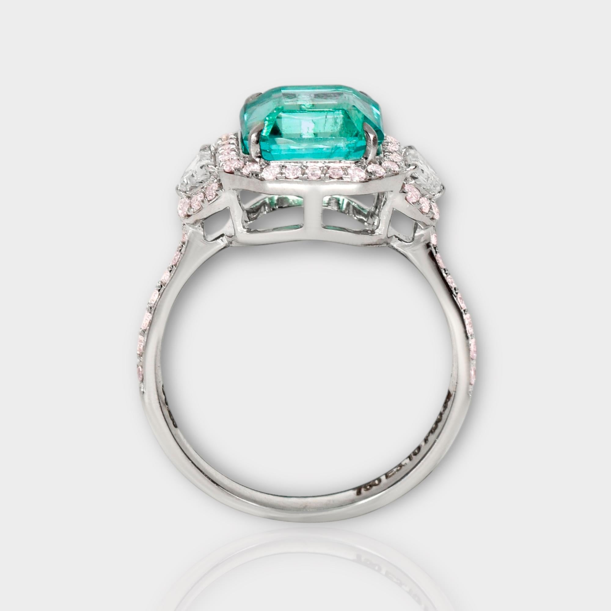 Emerald Cut IGI 18k 3.10 ct Natural Emerald&Pink Diamond Antique Art Deco Engagement Ring For Sale