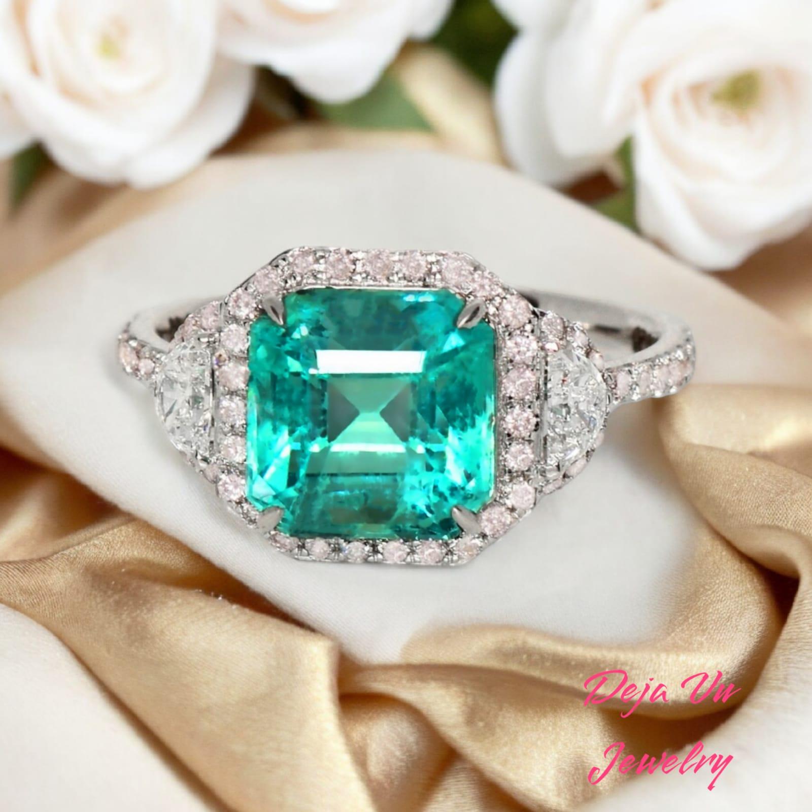 IGI 18k 3.10 ct Natural Emerald&Pink Diamond Antique Art Deco Engagement Ring For Sale 3