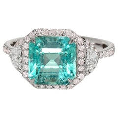 IGI 18k 3.10 ct Natural Emerald&Pink Diamond Used Art Deco Engagement Ring