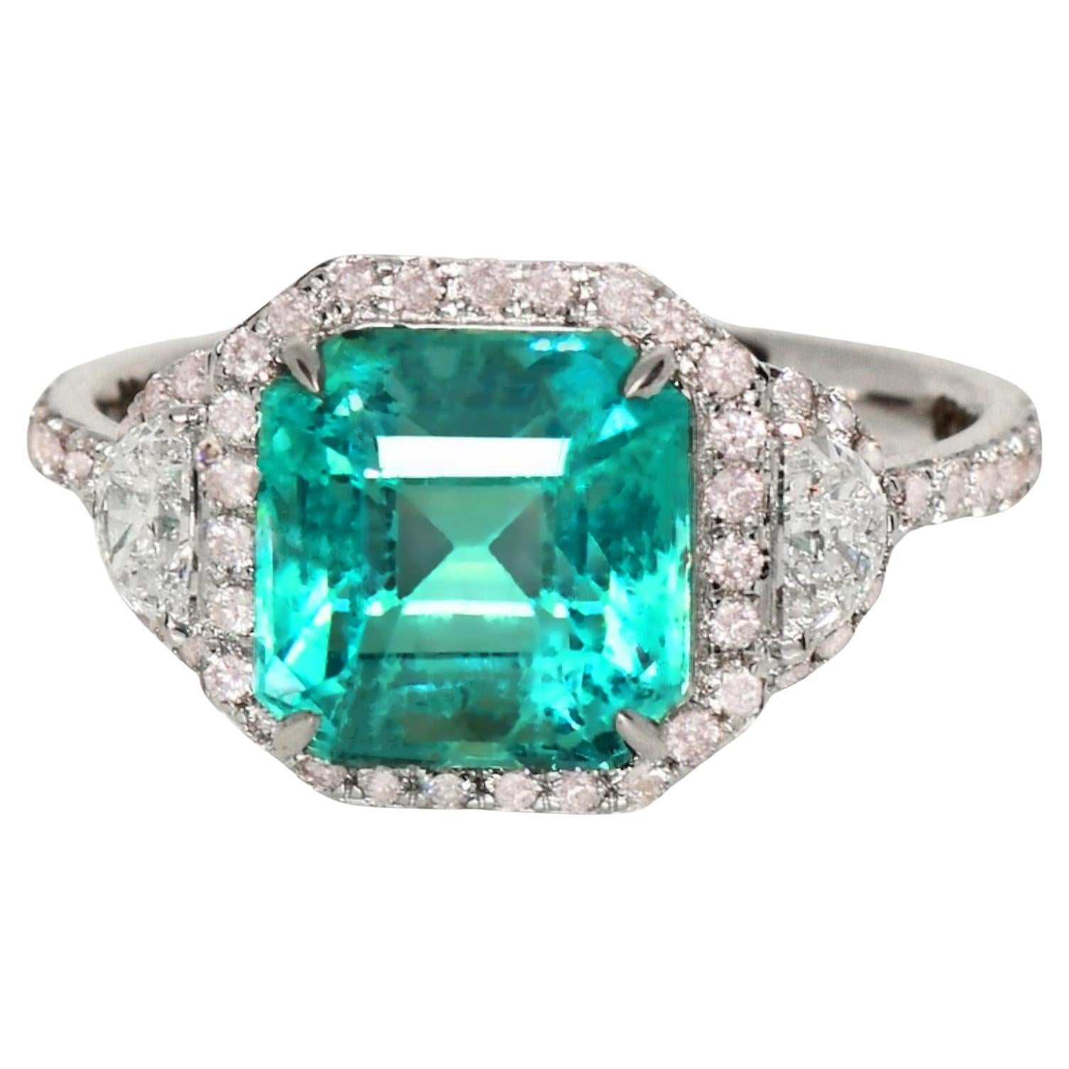 IGI 18k 3.10 ct Natural Emerald&Pink Diamond Antique Art Deco Engagement Ring For Sale
