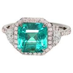 IGI 18k 3.10 ct Natural Emerald&Pink Diamond Antique Art Deco Engagement Ring
