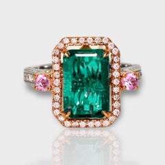 IGI 18k 3.12 Ct Natural Emerald&Pink Diamonds Antique Engagement Ring