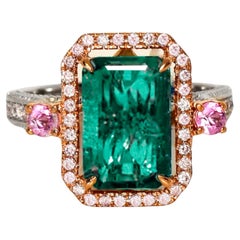 IGI 18k 3.12 Ct Natural Emerald&Pink Diamonds Antique Engagement Ring
