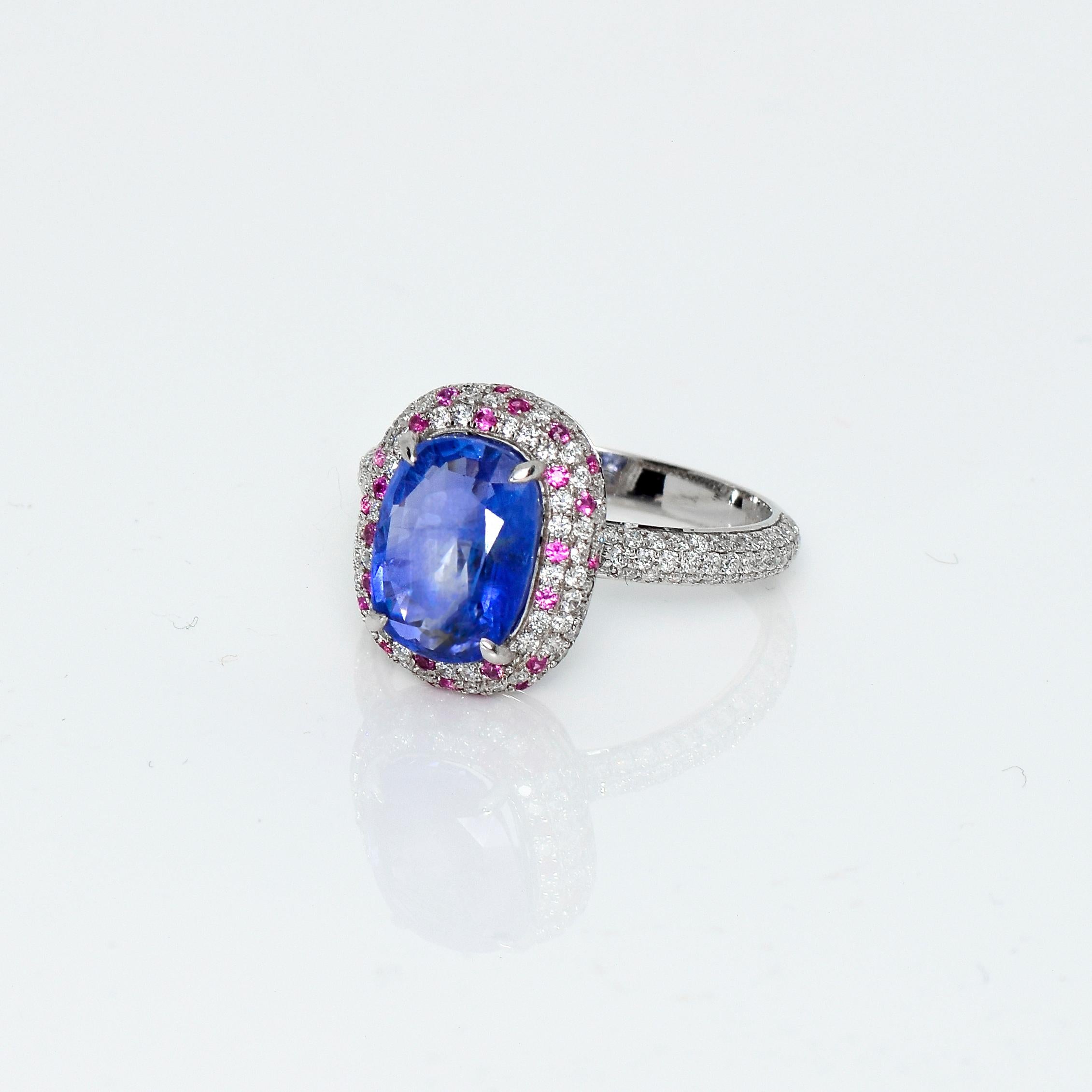 Cushion Cut IGI 18k 3.22ct Unheated Blue Sapphire&Diamonds Antique Art Deco Engagement Ring
