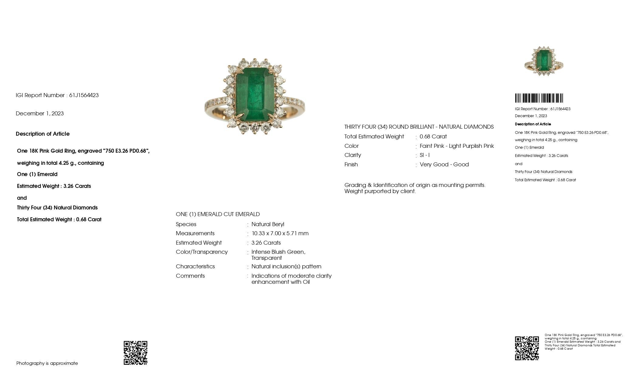Art déco Bague de fiançailles Art Deco IGI 18K 3,26 ct Natural Green Emerald&Pink Diamond en vente