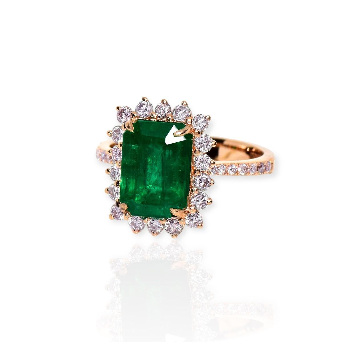 Taille émeraude Bague de fiançailles Art Deco IGI 18K 3,26 ct Natural Green Emerald&Pink Diamond en vente