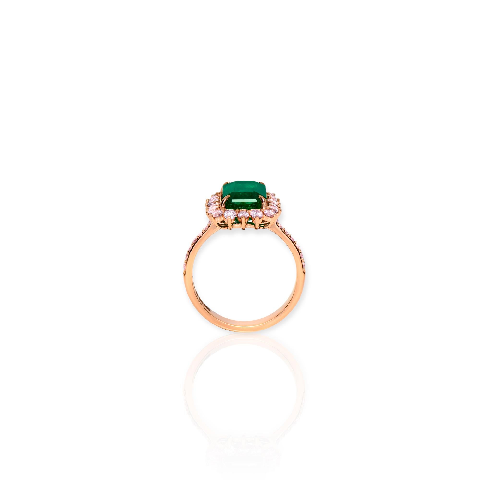 Women's or Men's IGI 18K 3.26 ct Natural Green Emerald&Pink Diamond Art Deco Engagement Ring For Sale