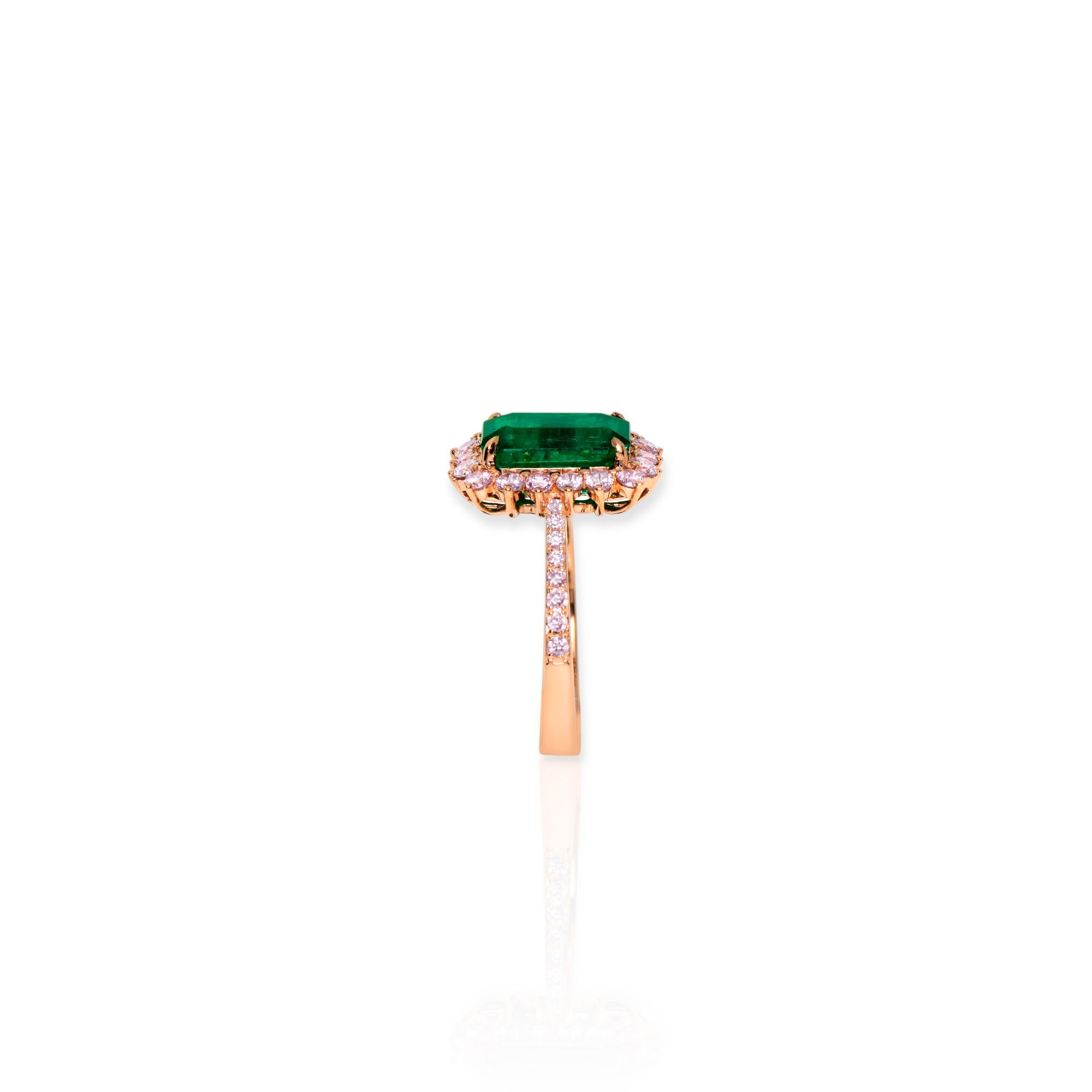 IGI 18K 3.26 ct Natural Green Emerald&Pink Diamond Art Deco Engagement Ring For Sale 1