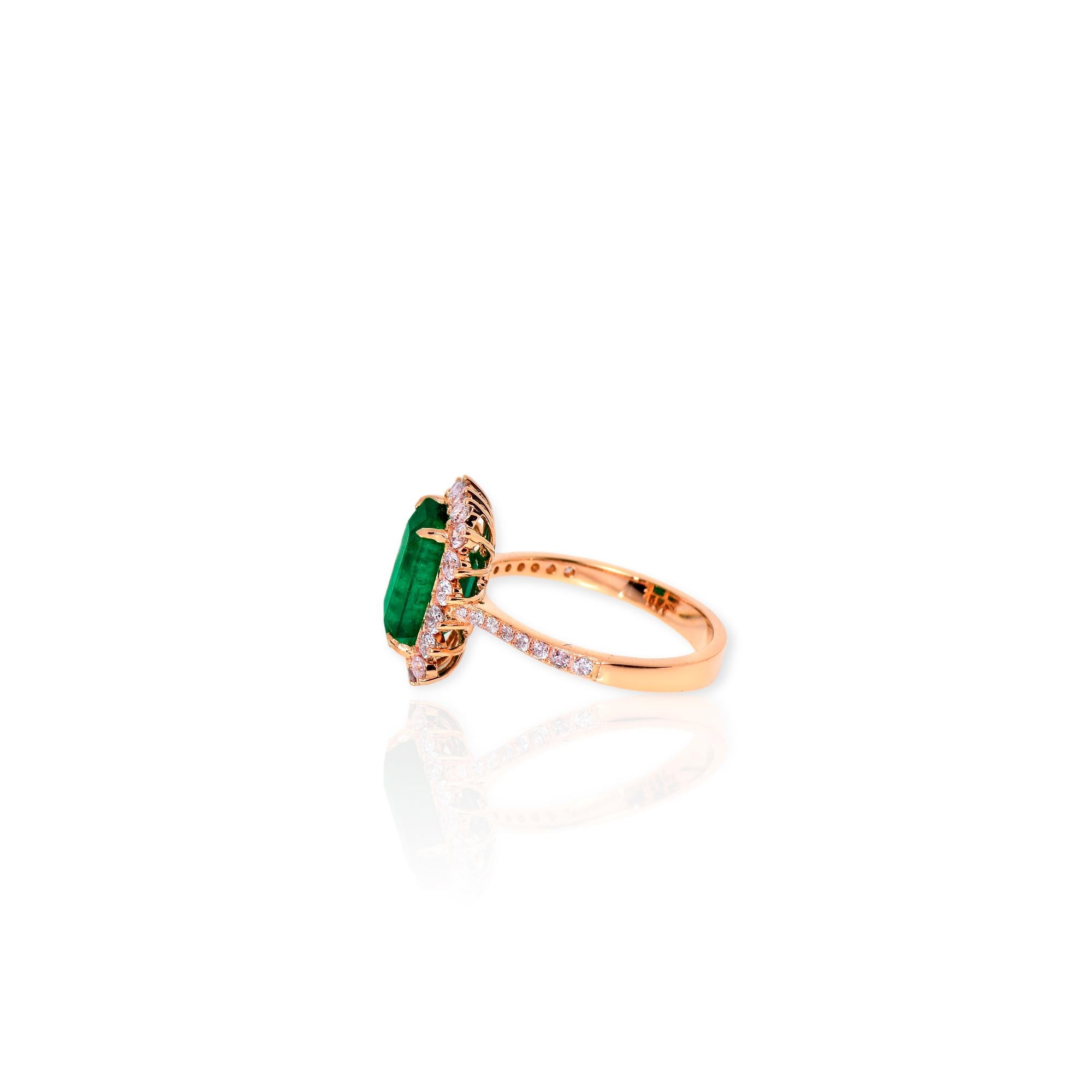 IGI 18K 3.26 ct Natural Green Emerald&Pink Diamond Art Deco Engagement Ring For Sale 2