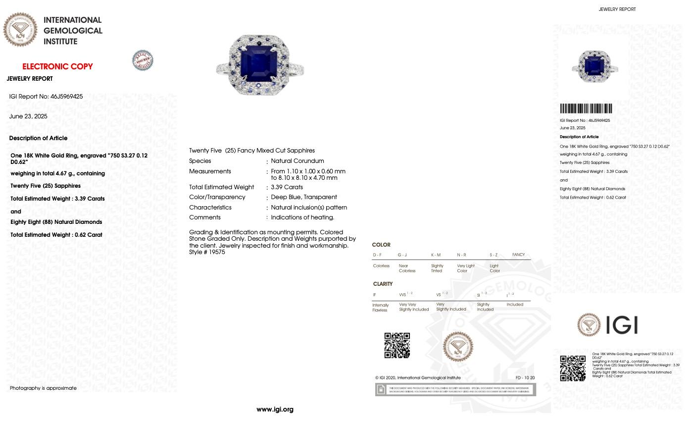 IGI Anillo de compromiso de zafiro azul real y diamantes de 18 quilates y 3,27 quilates naturales de Sri Lanka en venta 2