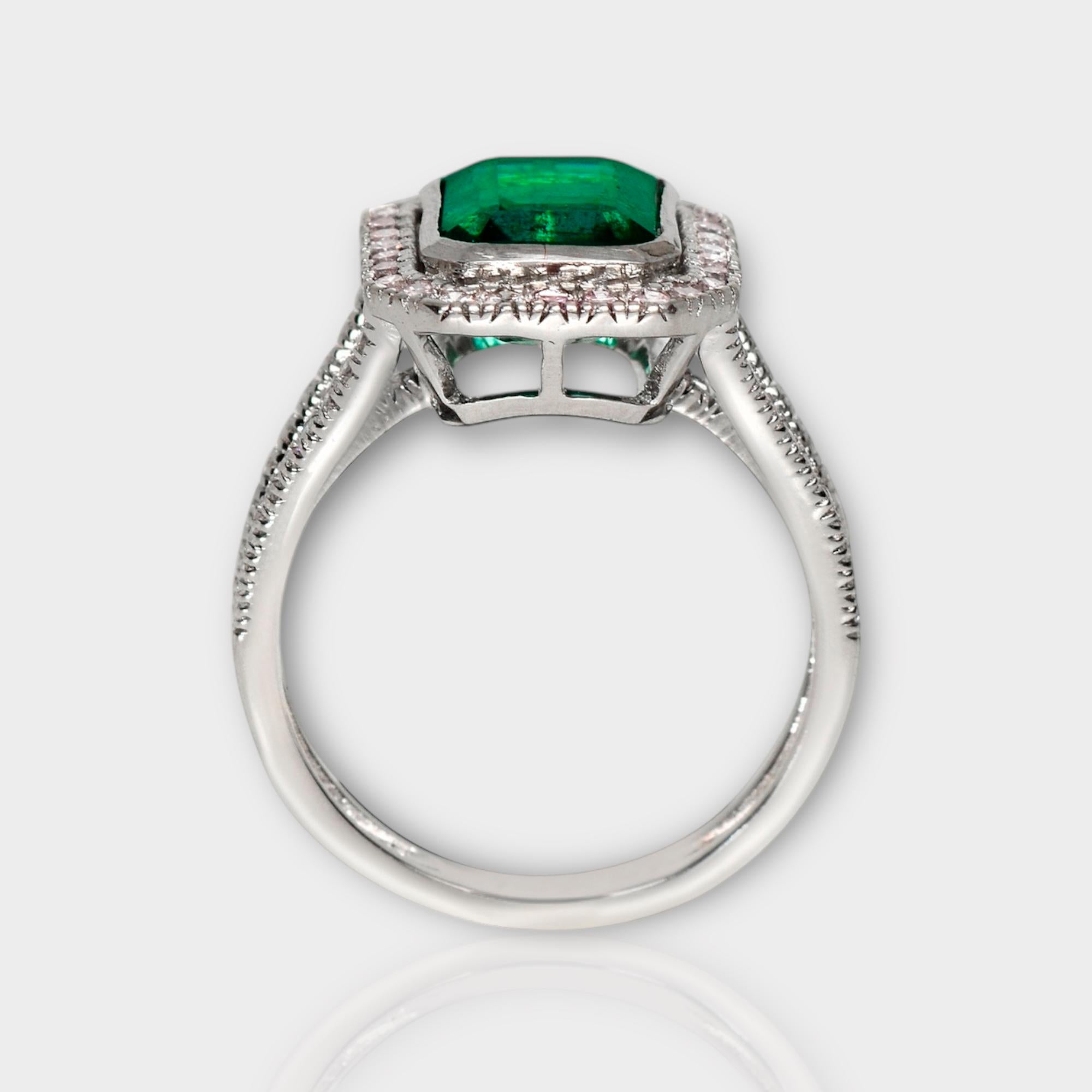 Emerald Cut IGI 18k 3.35 Ct Emerald&Pink Diamonds Antique Art Deco Style Engagement Ring For Sale