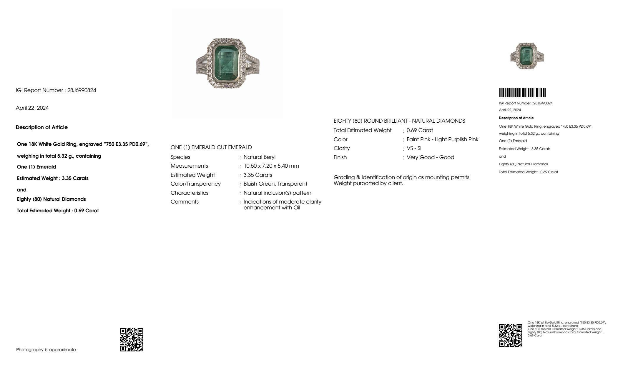 IGI 18k 3.35 Ct Emerald&Pink Diamonds Antique Art Deco Style Engagement Ring For Sale 2