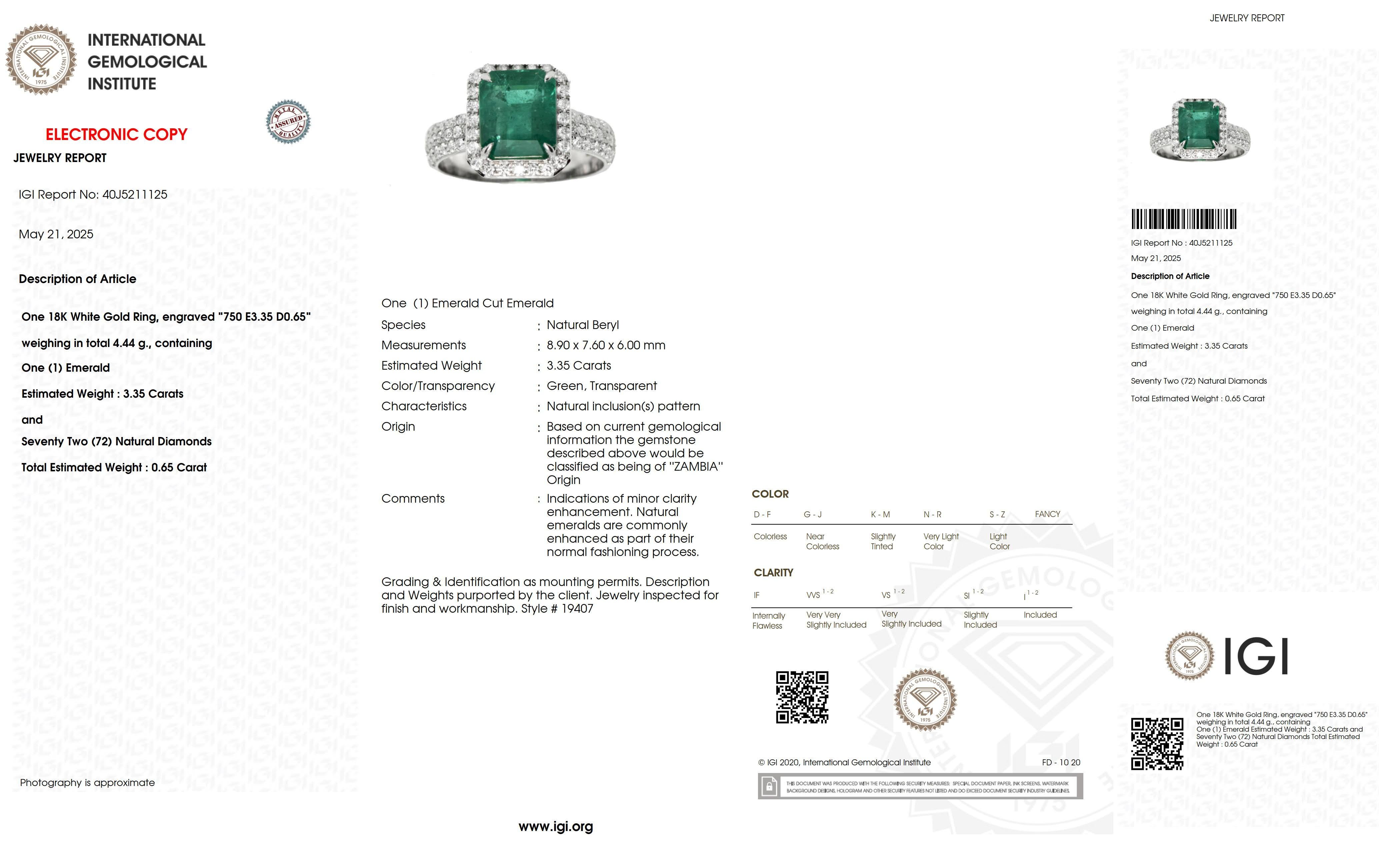 IGI 18K 3.35 Ct Zambia Minor-Oiled Emerald&Diamonds Antique Engagement Ring en vente 2
