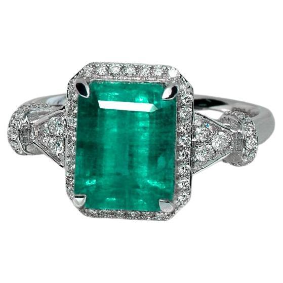 IGI 18K 3.51 CT Neon Emerald Diamond Antique Art Deco Style Engagement Ring