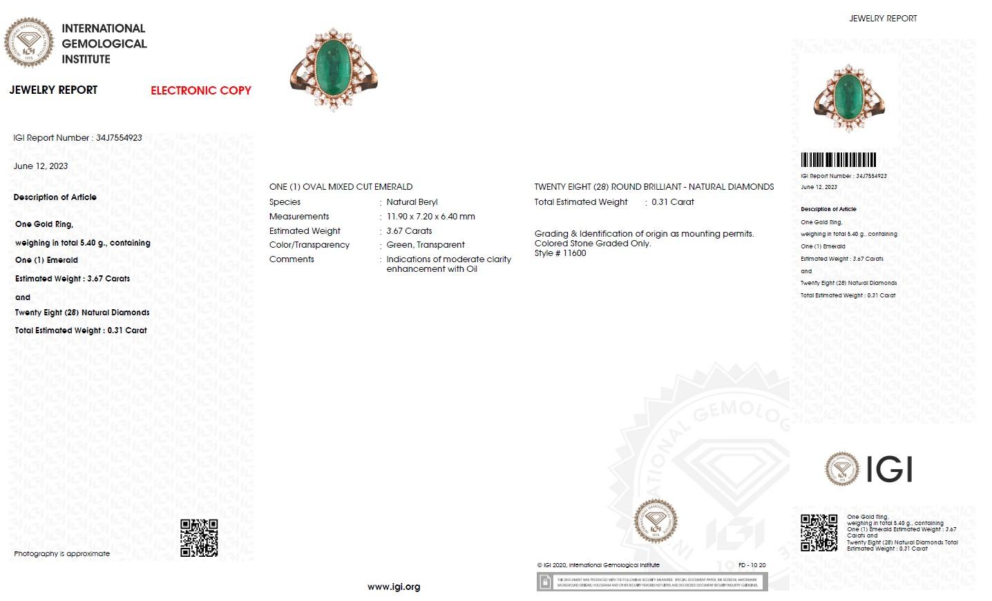IGI 18K 3,67 Karat Smaragd&Diamant Antiker Verlobungsring im Art-déco-Stil, Art déco-Stil (Ovalschliff)