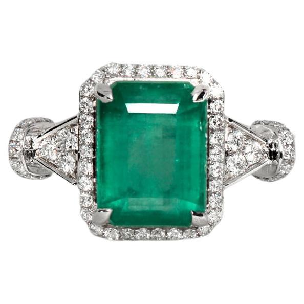 IGI 18K 3.78 CT Natural Emerald Diamond Antique Art Deco Style Engagement Ring