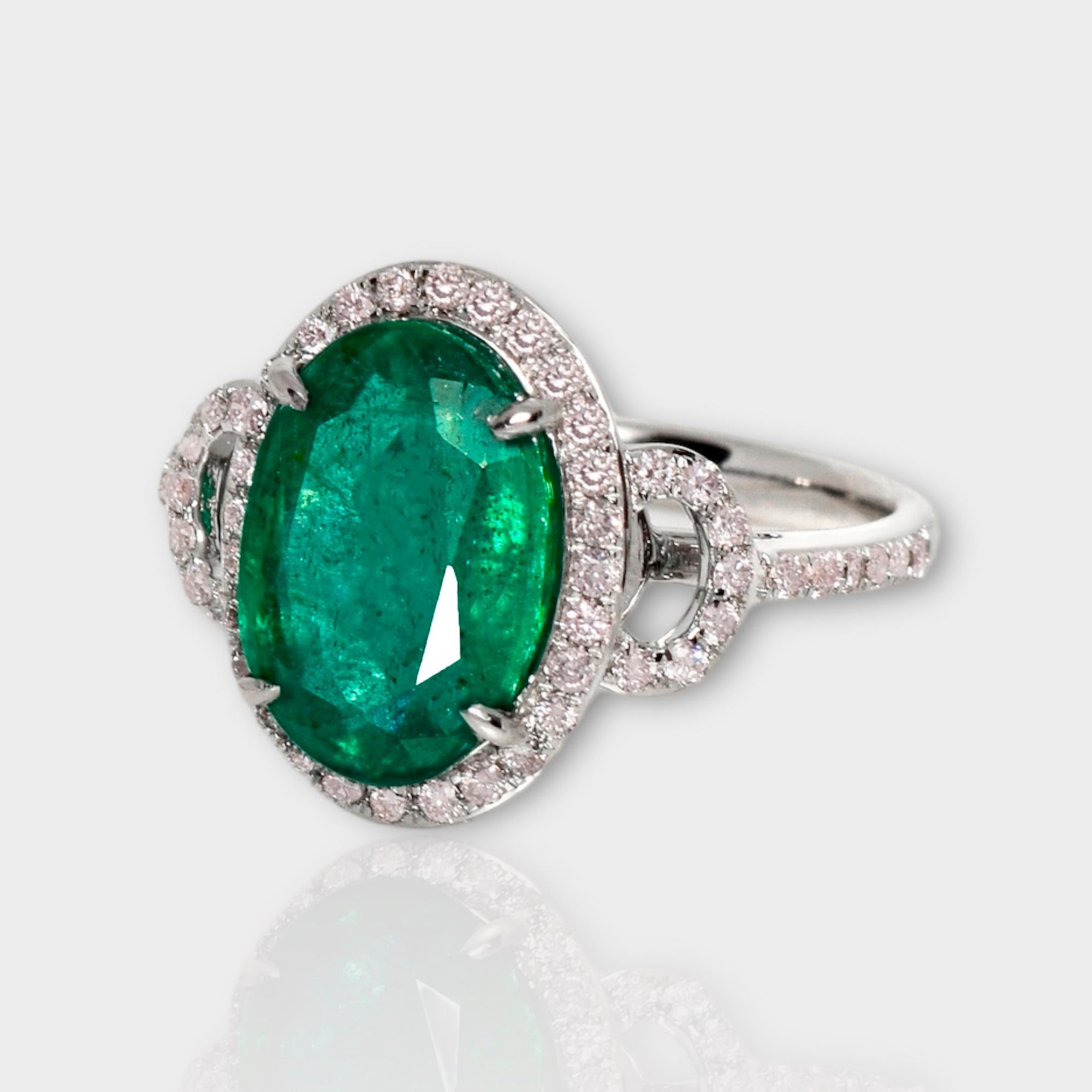 Contemporary IGI 18k 3.88 Ct Emerald&Pink Diamonds Antique Art Deco Style Engagement Ring For Sale
