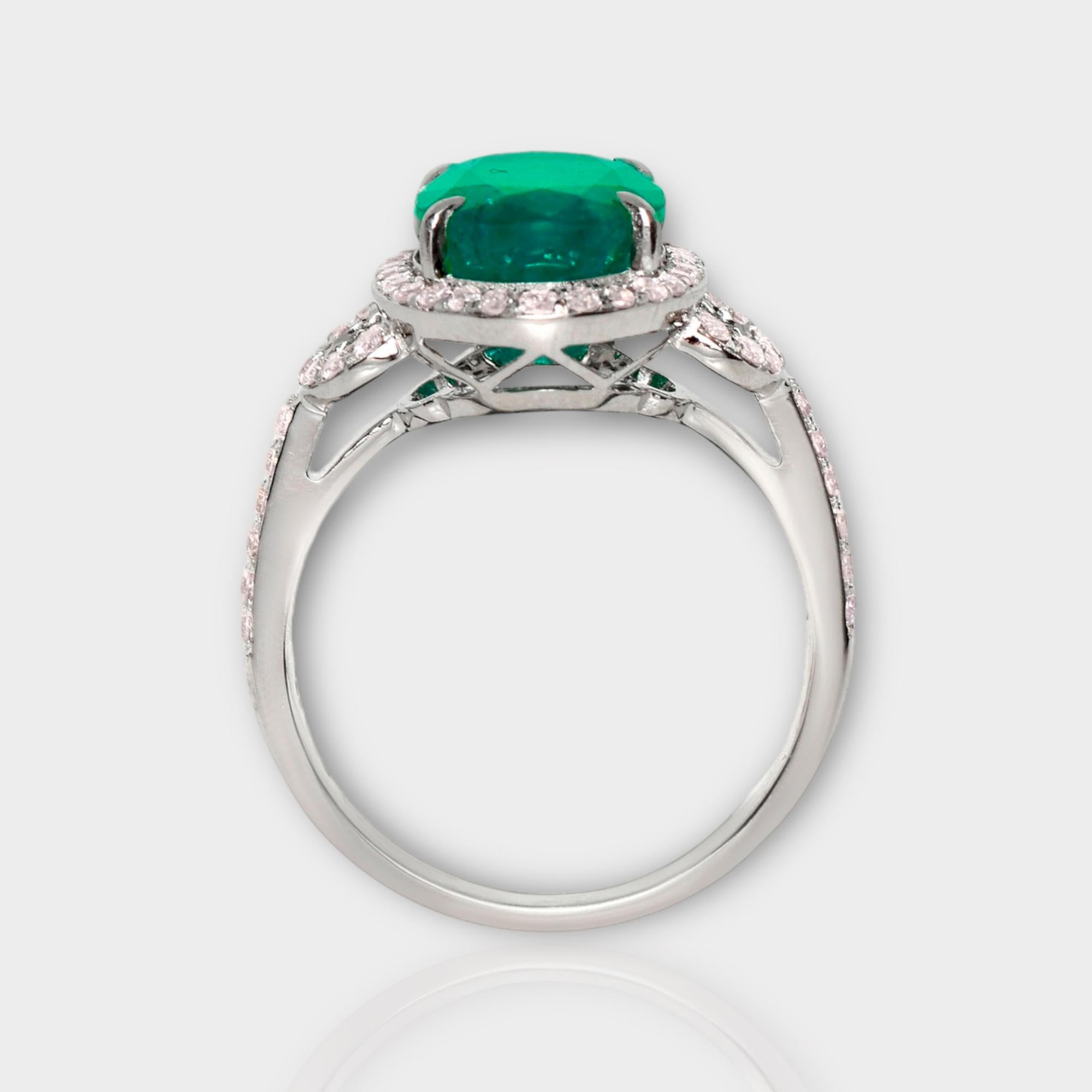 Oval Cut IGI 18k 3.88 Ct Emerald&Pink Diamonds Antique Art Deco Style Engagement Ring For Sale
