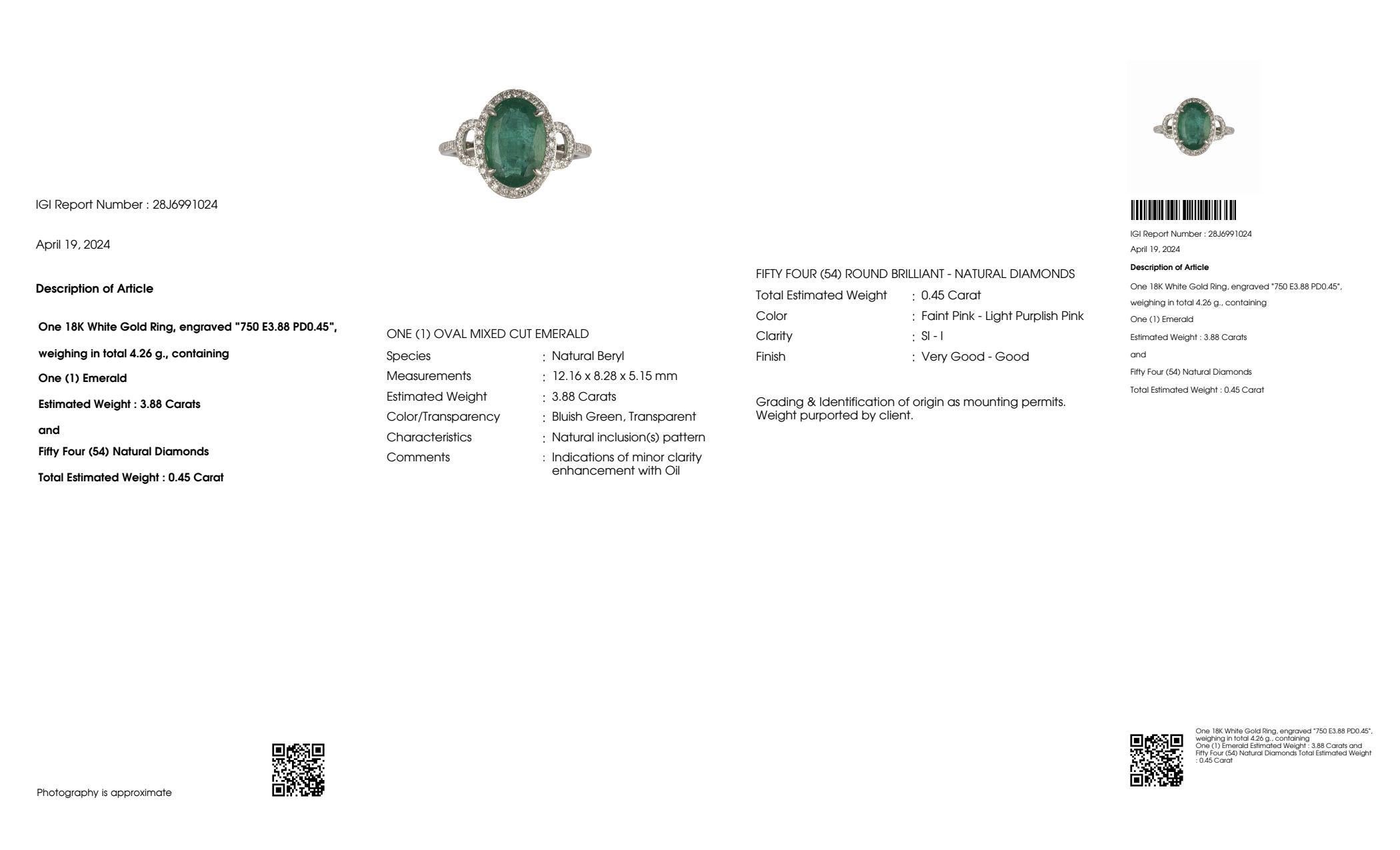 IGI 18k 3.88 Ct Emerald&Pink Diamonds Antique Art Deco Style Engagement Ring For Sale 2