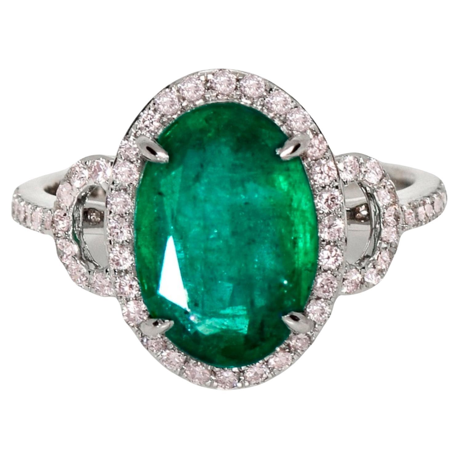 IGI 18k 3.88 Ct Emerald&Pink Diamonds Antique Art Deco Style Engagement Ring For Sale