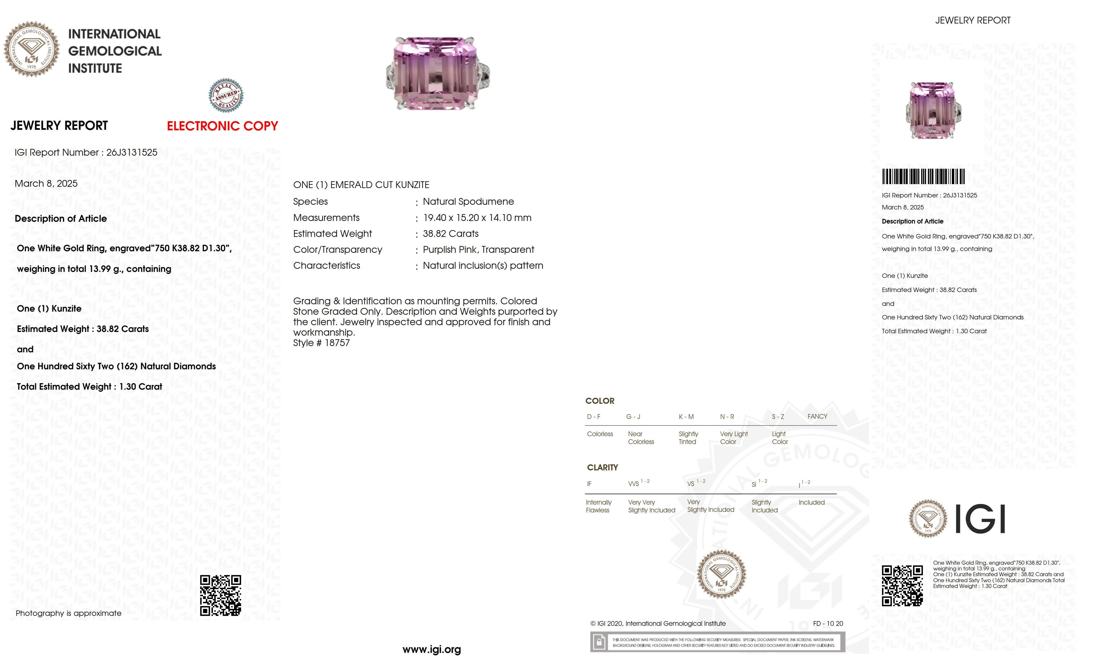 IGI 18K 38.82 ct Dual-Color Kunzite&Diamond Cocktail Ring For Sale 2