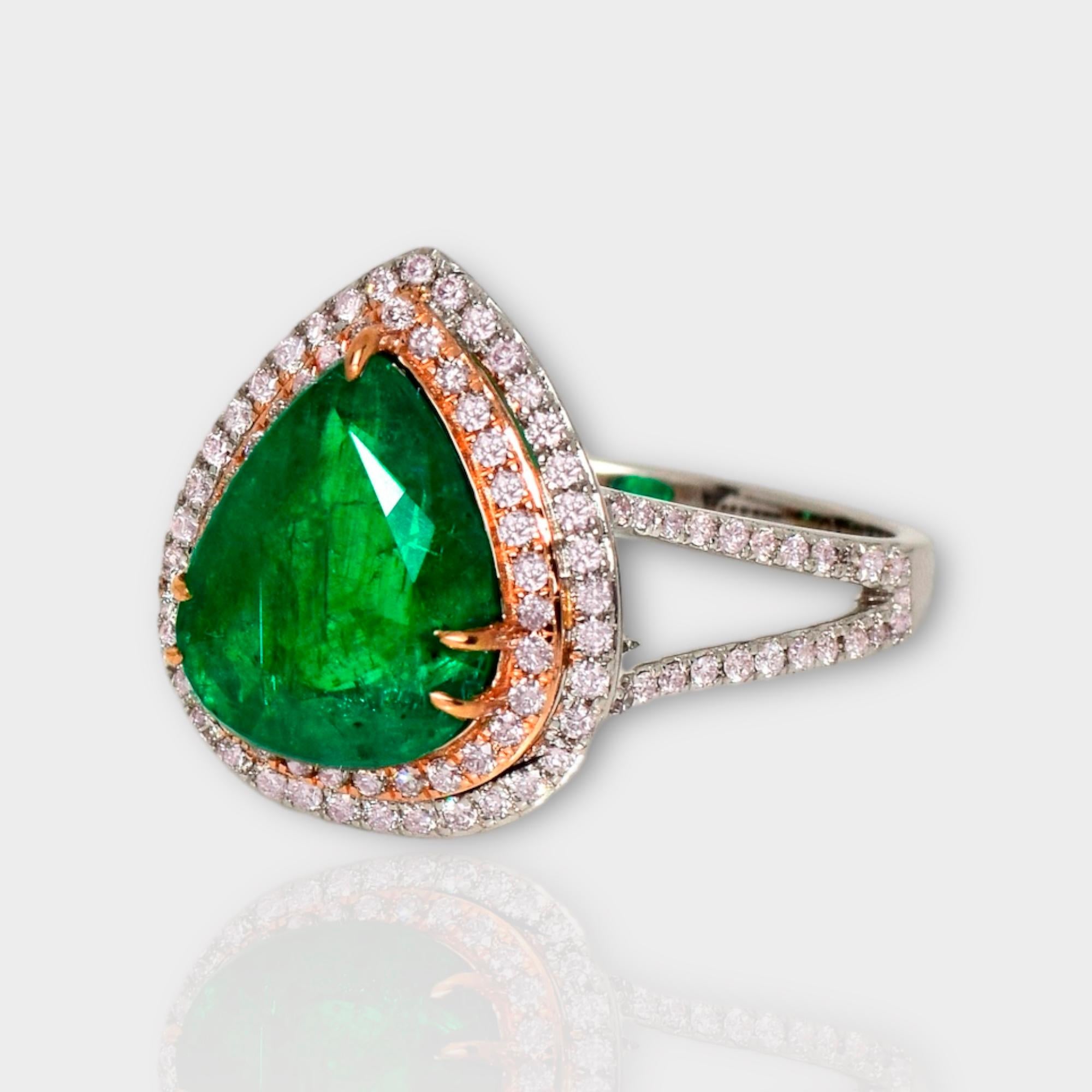 Contemporary IGI 18k 3.89 Ct Emerald&Pink Diamonds Antique Art Deco Style Engagement Ring For Sale