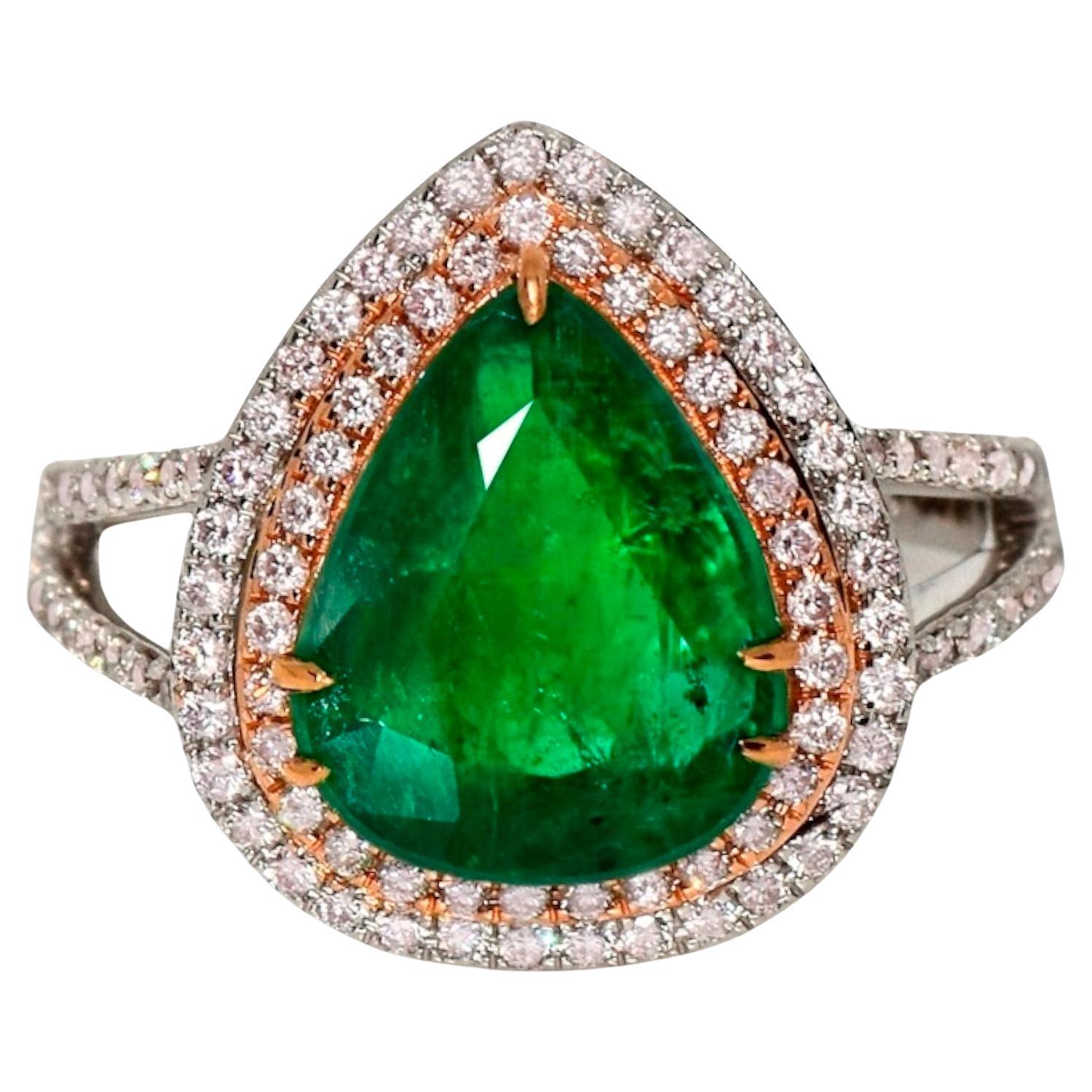 IGI 18k 3.89 Ct Emerald&Pink Diamonds Antique Art Deco Style Engagement Ring