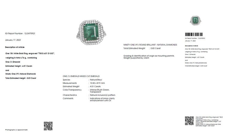 IGI 18K 4.01 Ct Emerald Diamond Antique Art Deco Style Engagement Ring For Sale 2