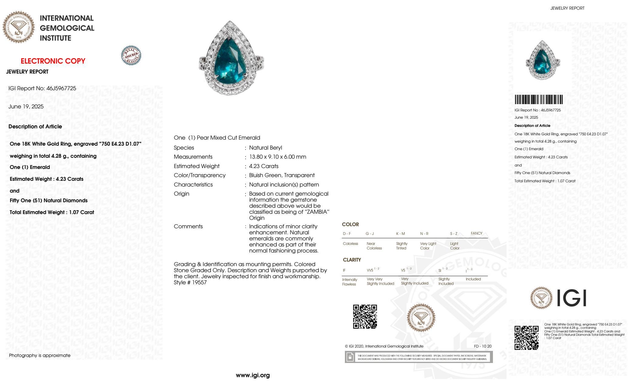 Anello di fidanzamento antico IGI 18K 4,23 carati smeraldo naturale Paraiba e diamanti in vendita 2