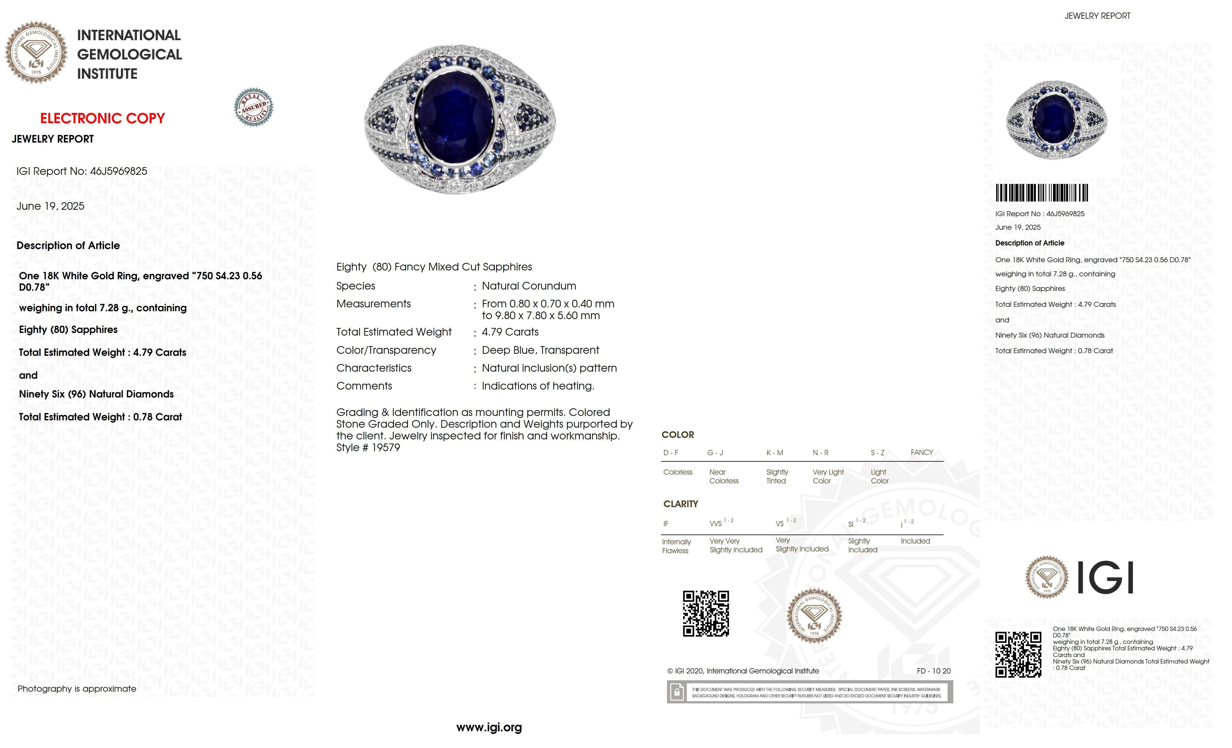 IGI Anillo de compromiso de zafiro azul real y diamantes de 18 quilates y 4,23 quilates naturales de Sri Lanka en venta 2