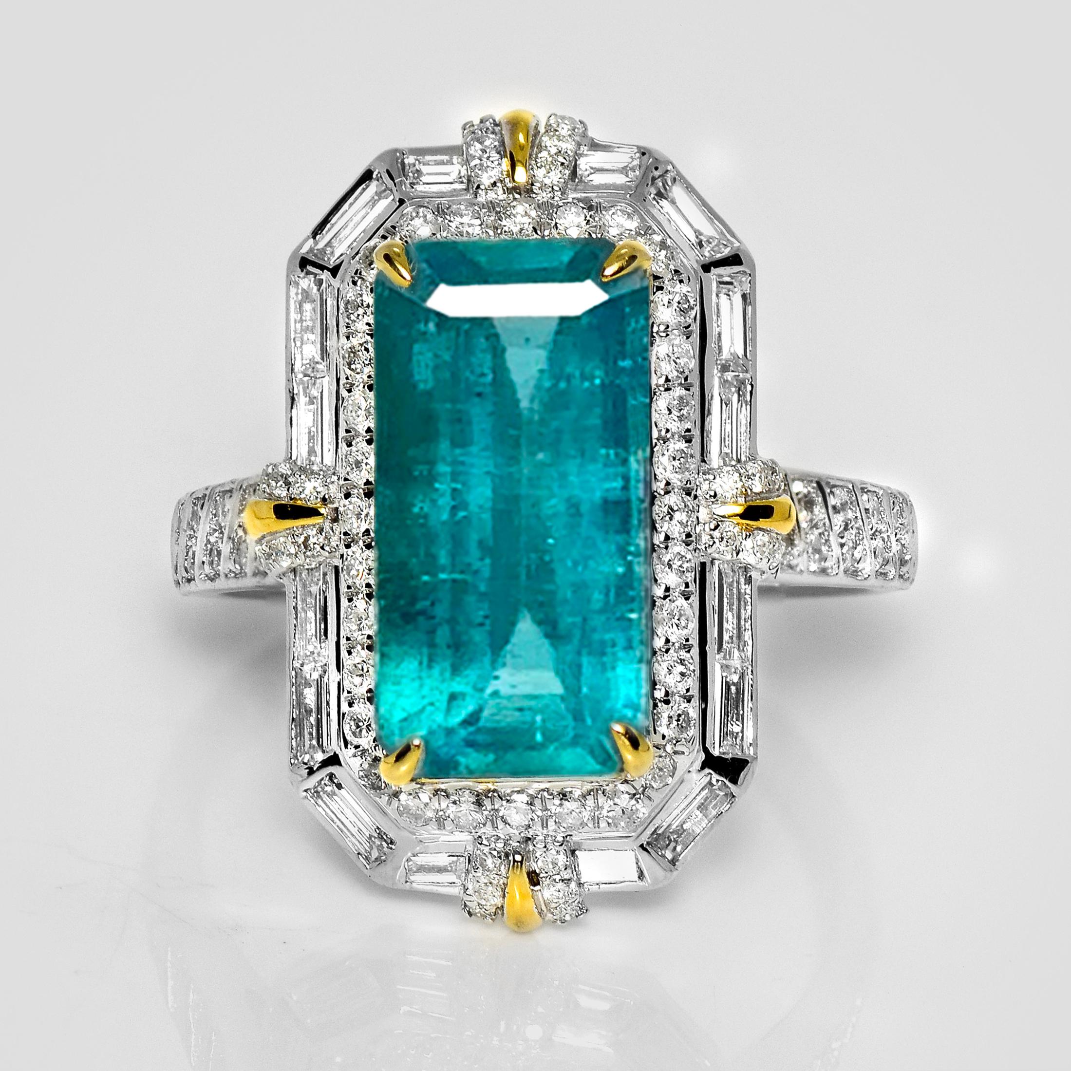 *IGI 18K 4.49 Ct Natural Paraiba Emerald&Diamonds Antique Engagement Ring*

An IGI-certified natural vivid bluish-green, Paraiba color emerald weighing 4.49 ct set on the 18K white gold band with natural F-G, VS diamonds weighing 0.39 ct.

The ring