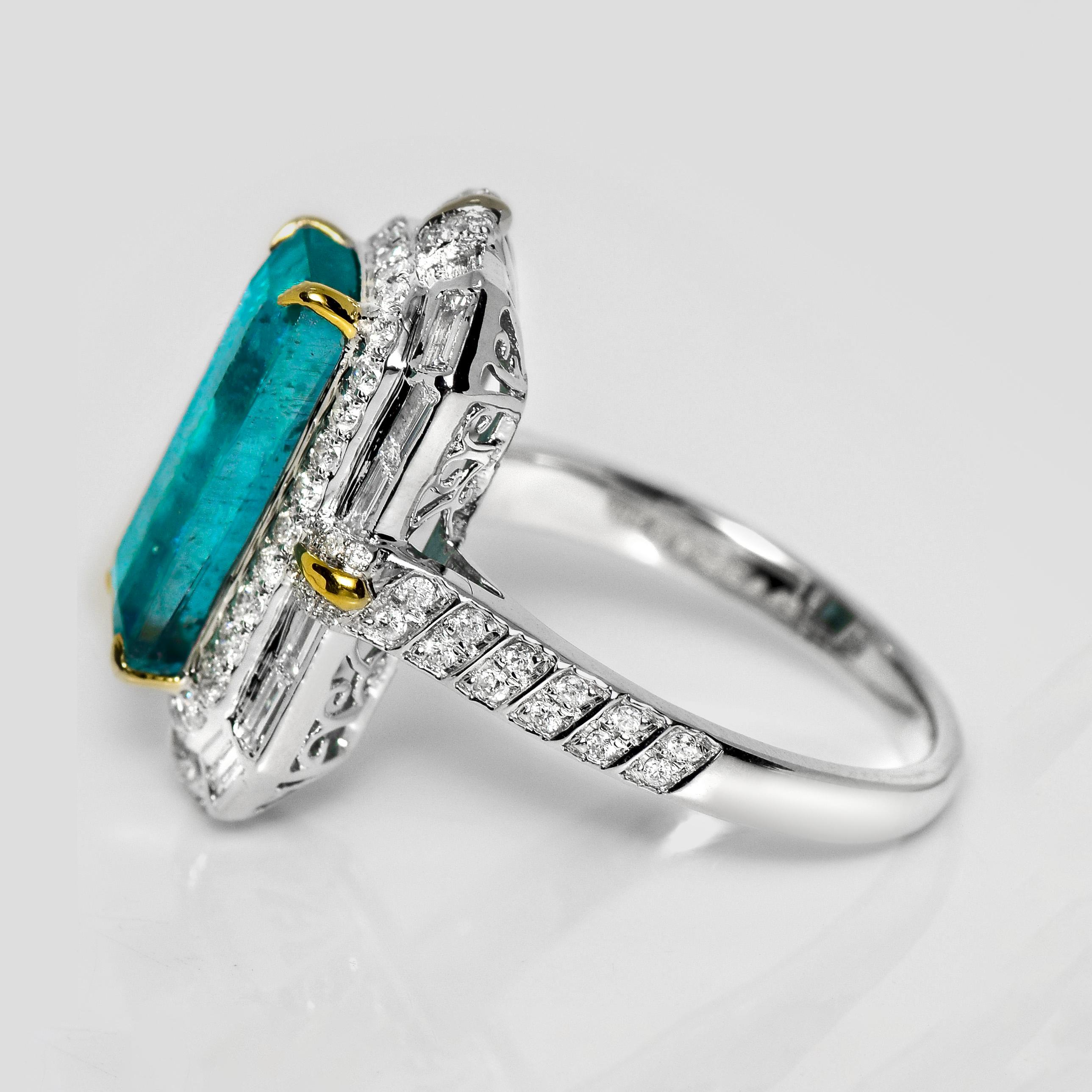 Taglio smeraldo IGI 18K 4.49 Ct Natural Paraiba Emerald&Diamonds Antique Engagement Ring in vendita