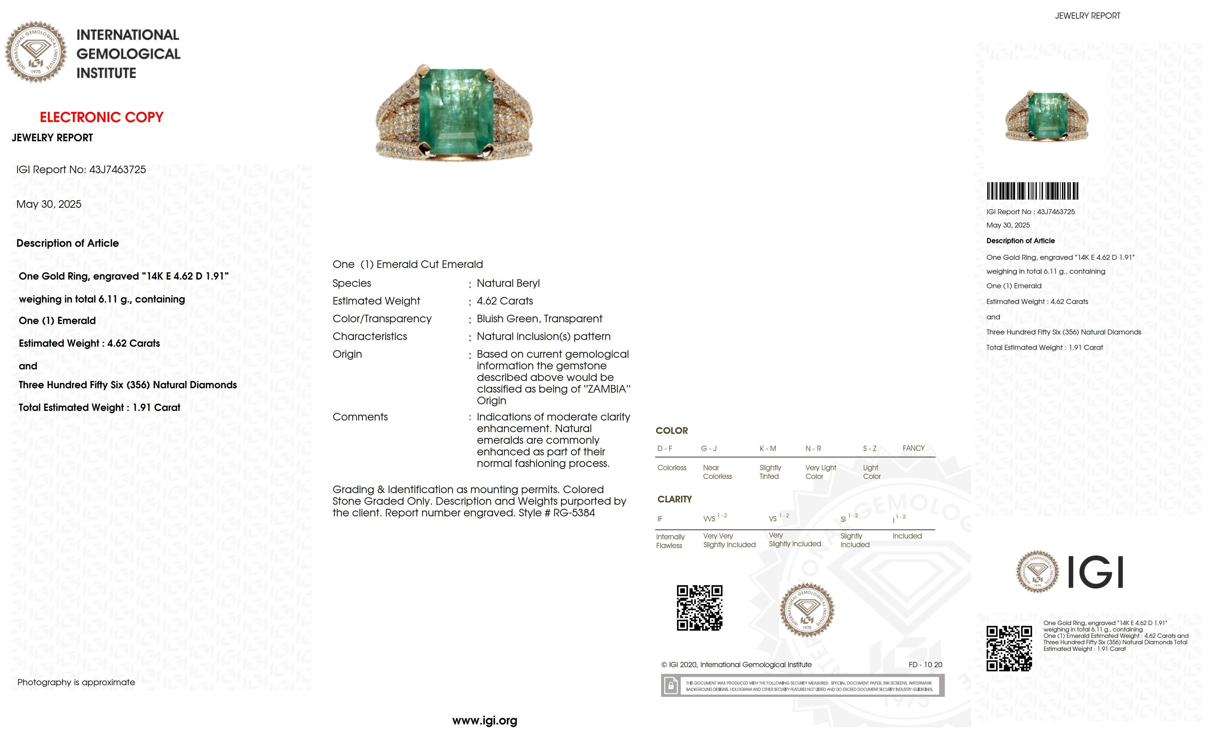 IGI 18K 4.62 Ct Natural Emerald&Diamonds Antique Engagement Ring For Sale 2