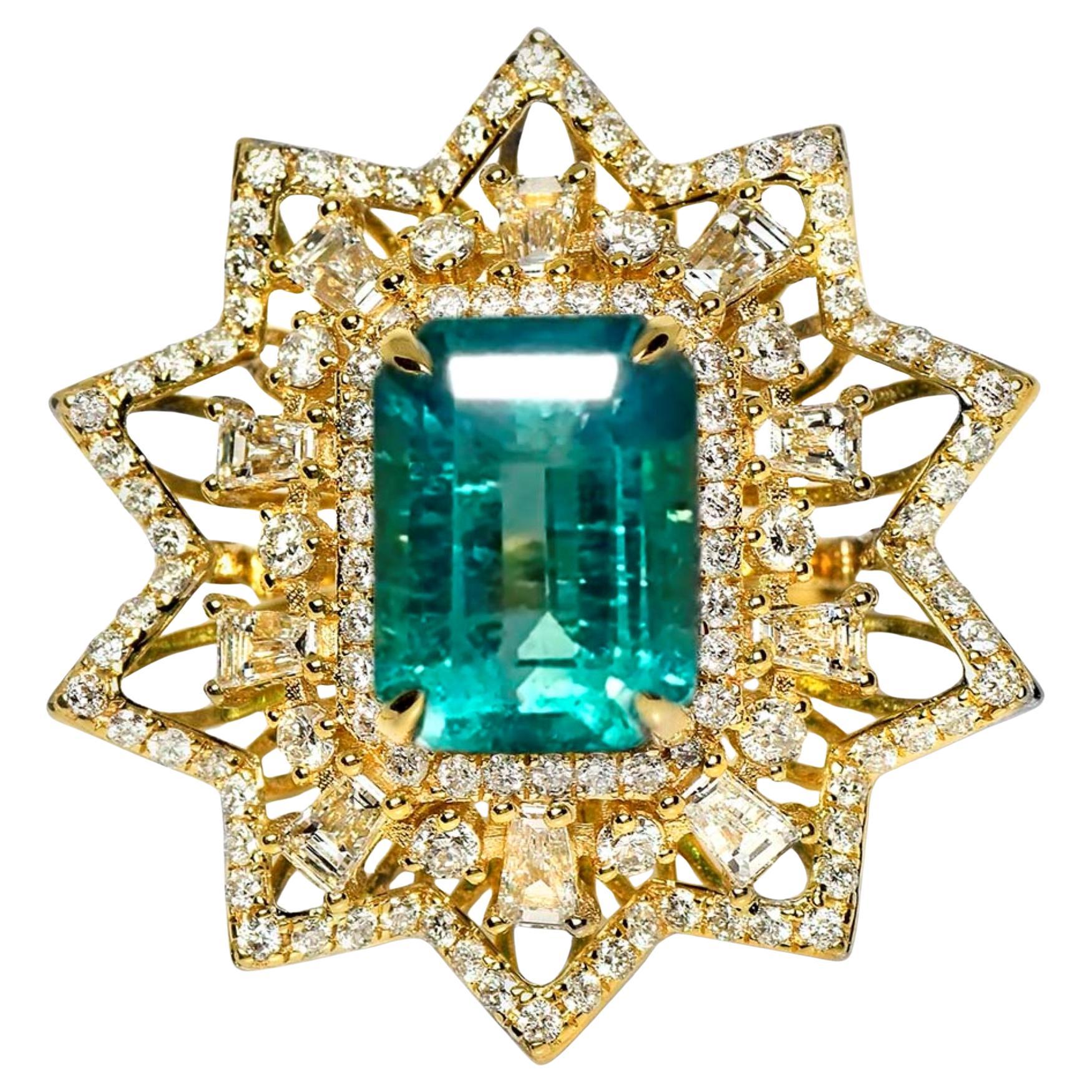 IGI 18K 8.34 Ct Esmeralda Paraiba Natural&Diamantes Anillo de Compromiso Antiguo