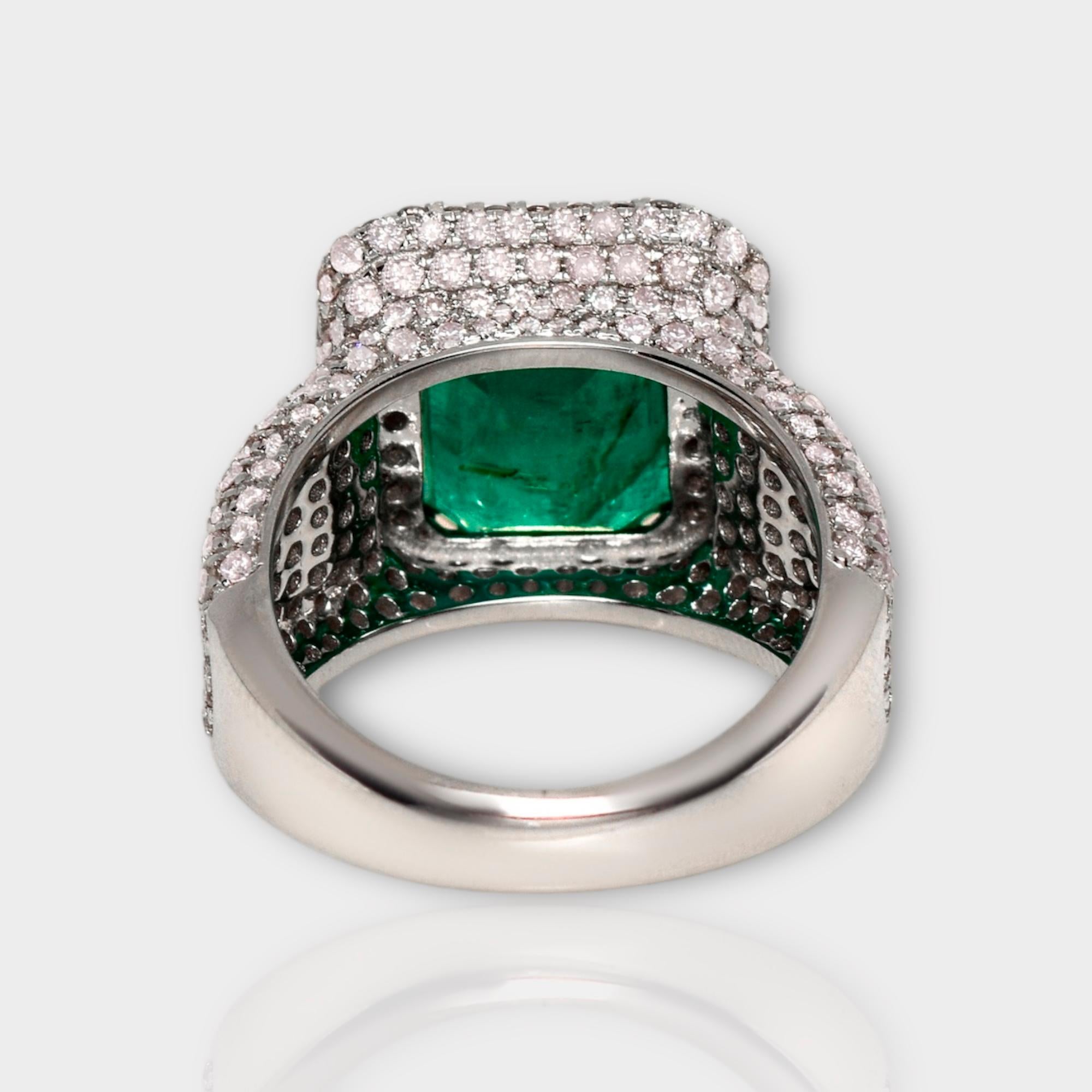 IGI 18k 5.20 Ct Natural Emerald&Pink Diamonds Antique Engagement Ring For Sale 1