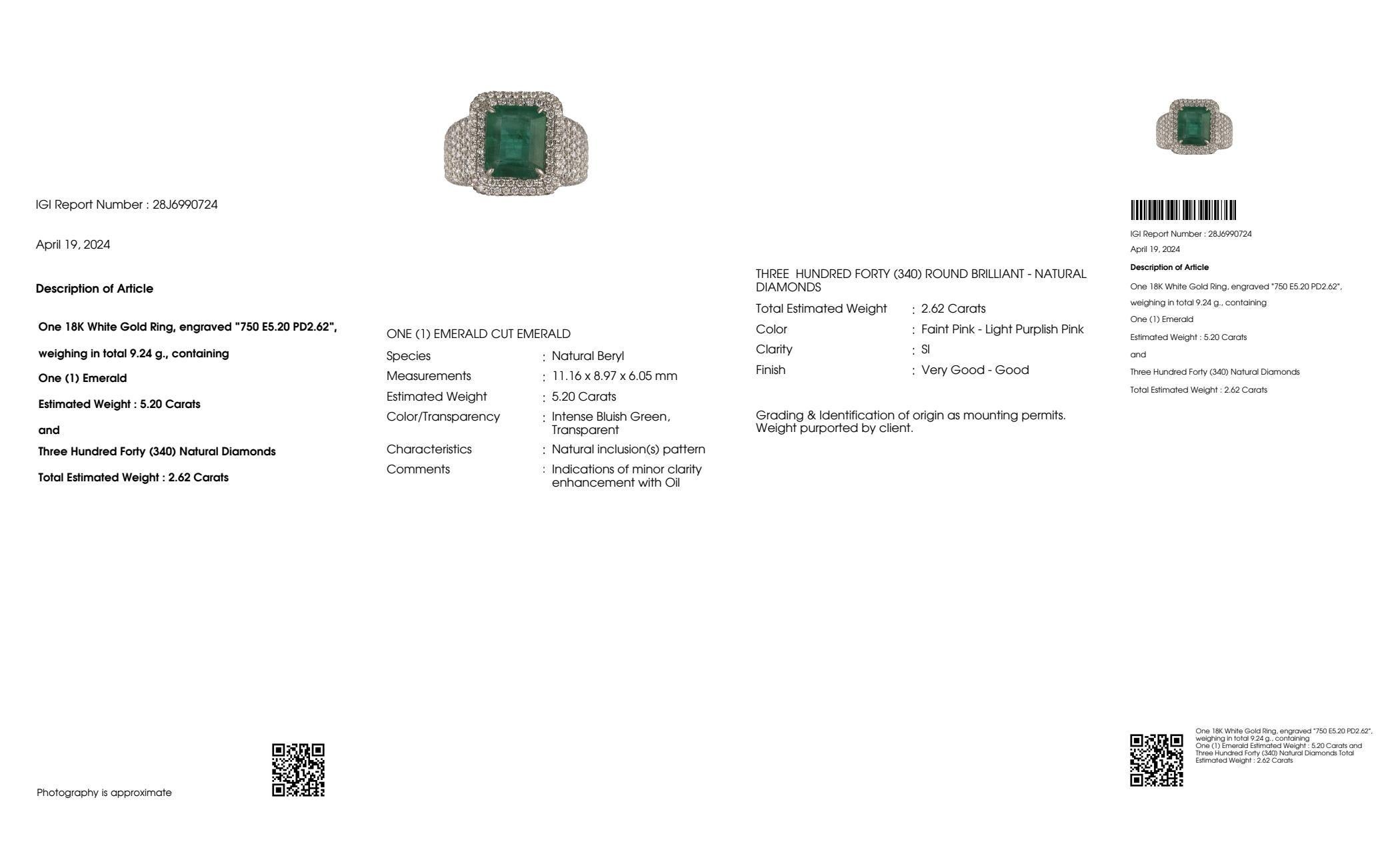 IGI 18k 5.20 Ct Natural Emerald&Pink Diamonds Antique Engagement Ring For Sale 2