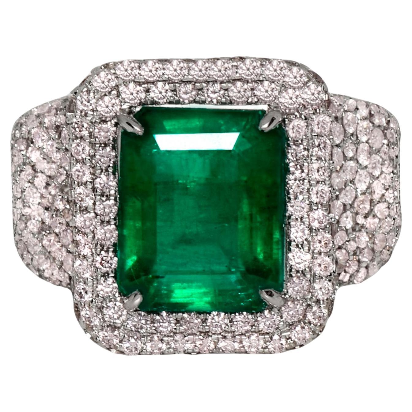 IGI 18k 5.20 Ct Natural Emerald&Pink Diamonds Antique Engagement Ring