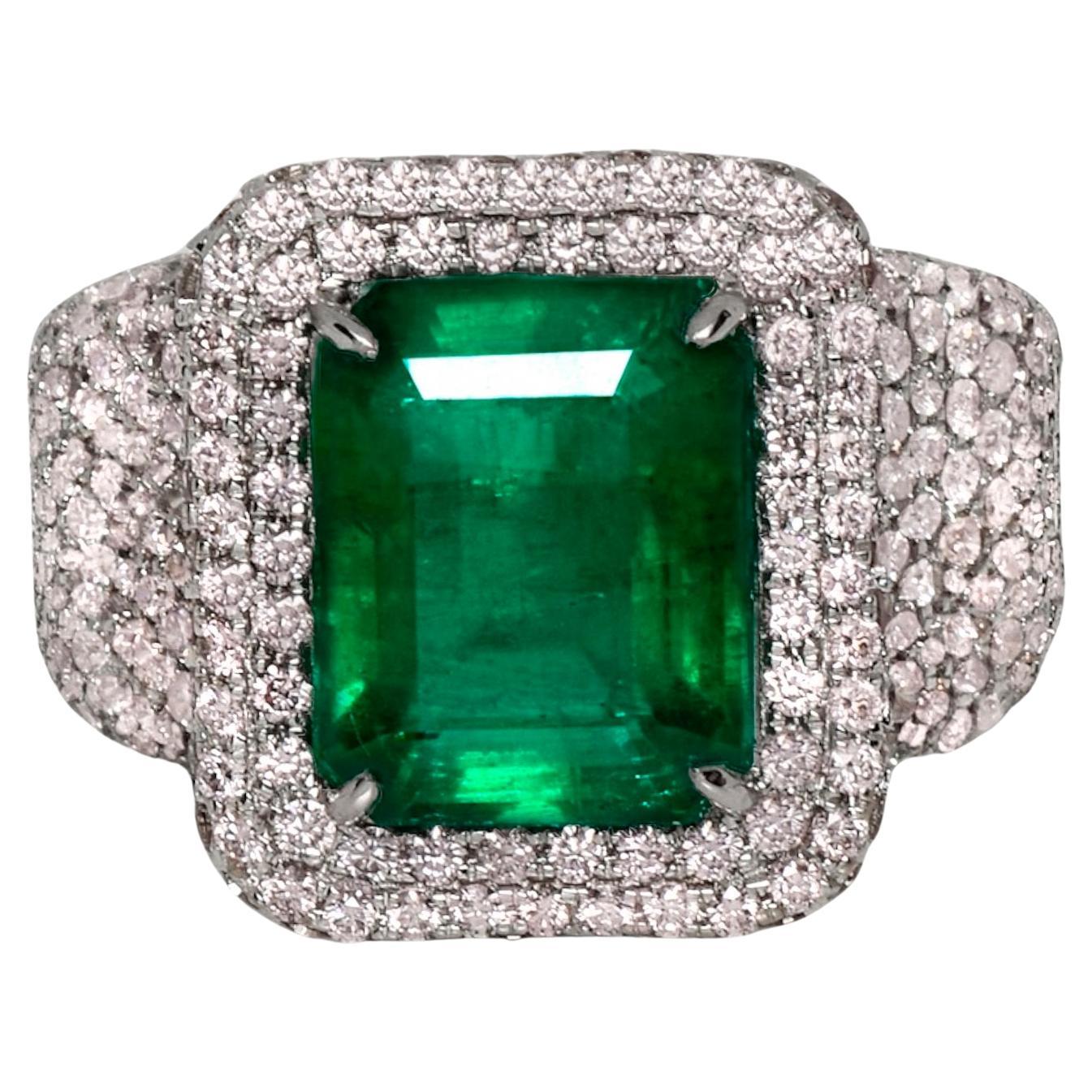 IGI 18k 5.20 Ct Natural Emerald&Pink Diamonds Antique Engagement Ring For Sale