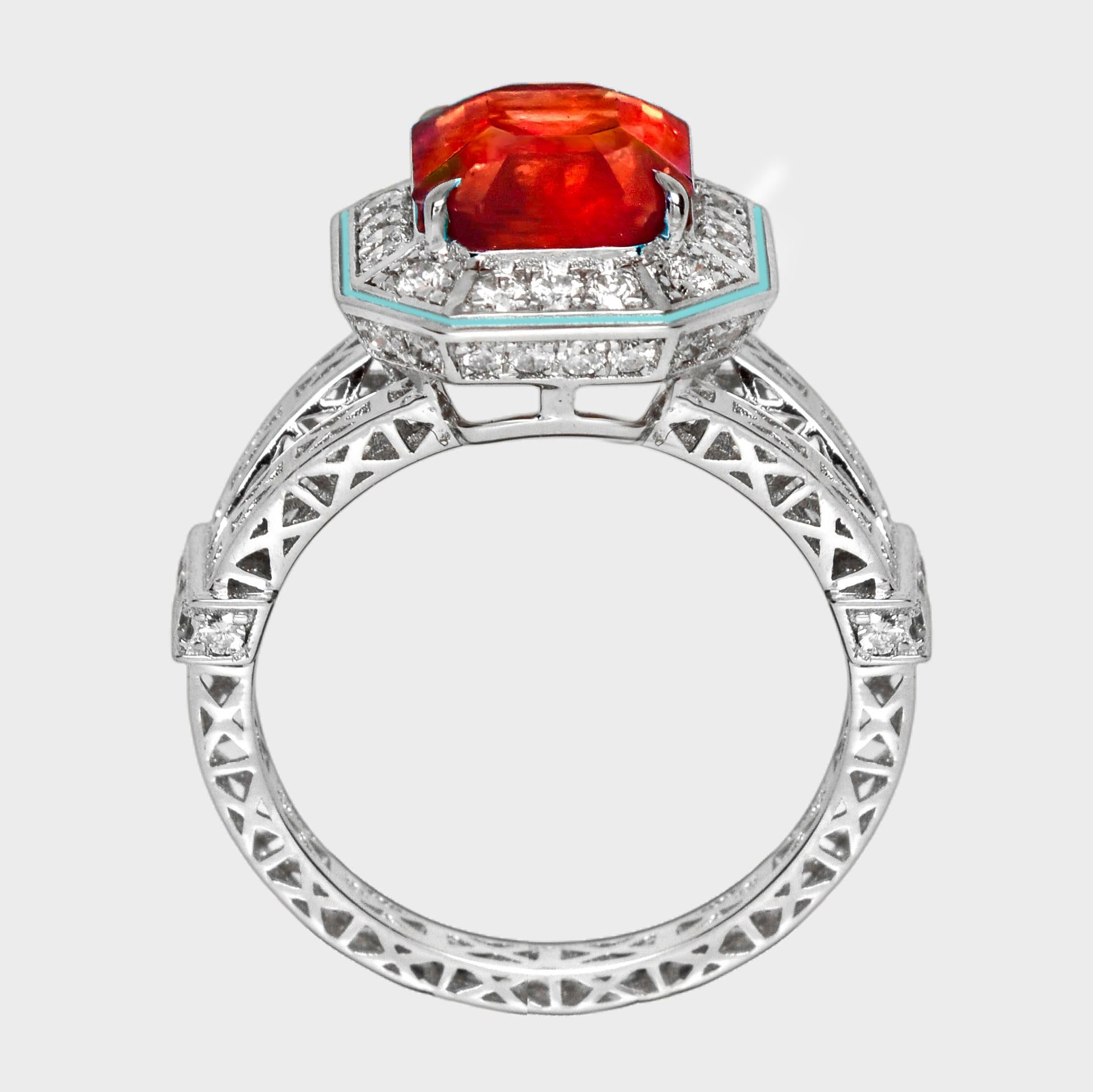 Taille émeraude Bague de fiançailles IGI 18K 5.23 Ct Natural Fanta Garnet&Diamonds Antique en vente