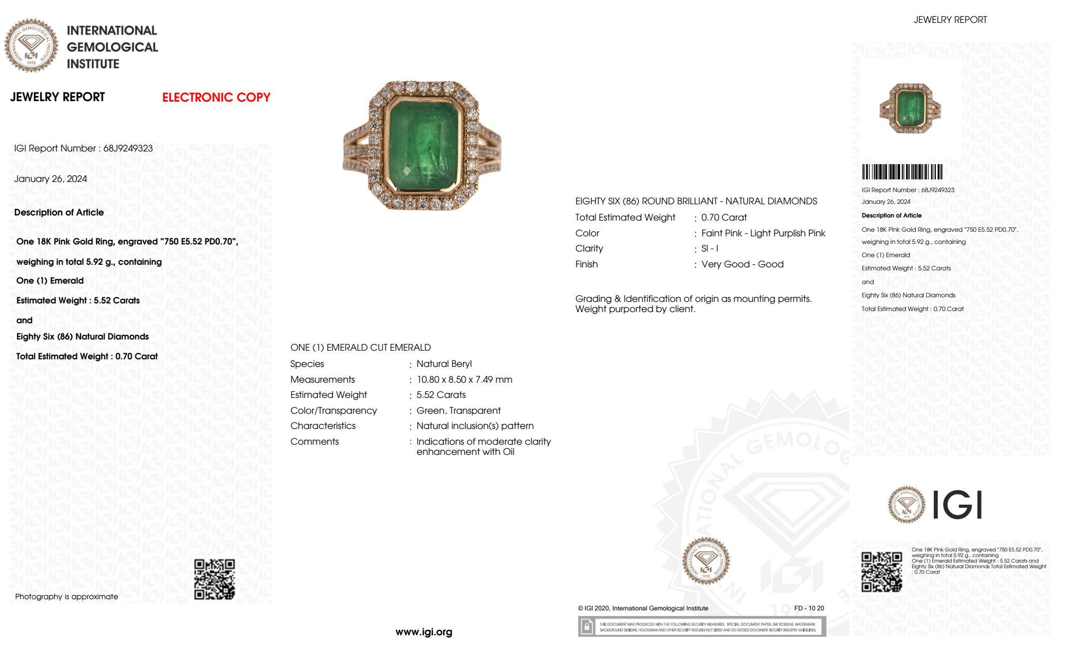 IGI 18K 5.52 Ct Natural Emerald&Pink Diamonds Antique Engagement Ring in vendita 2