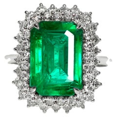 IGI 18K 5.55 Ct Natural Vivid Green Emerald&Diamonds Antique Engagement Ring