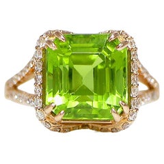 IGI 18k 5.91ct Top Vivid Peridot&Diamond Vintage Art Deco Style Engagement Ring