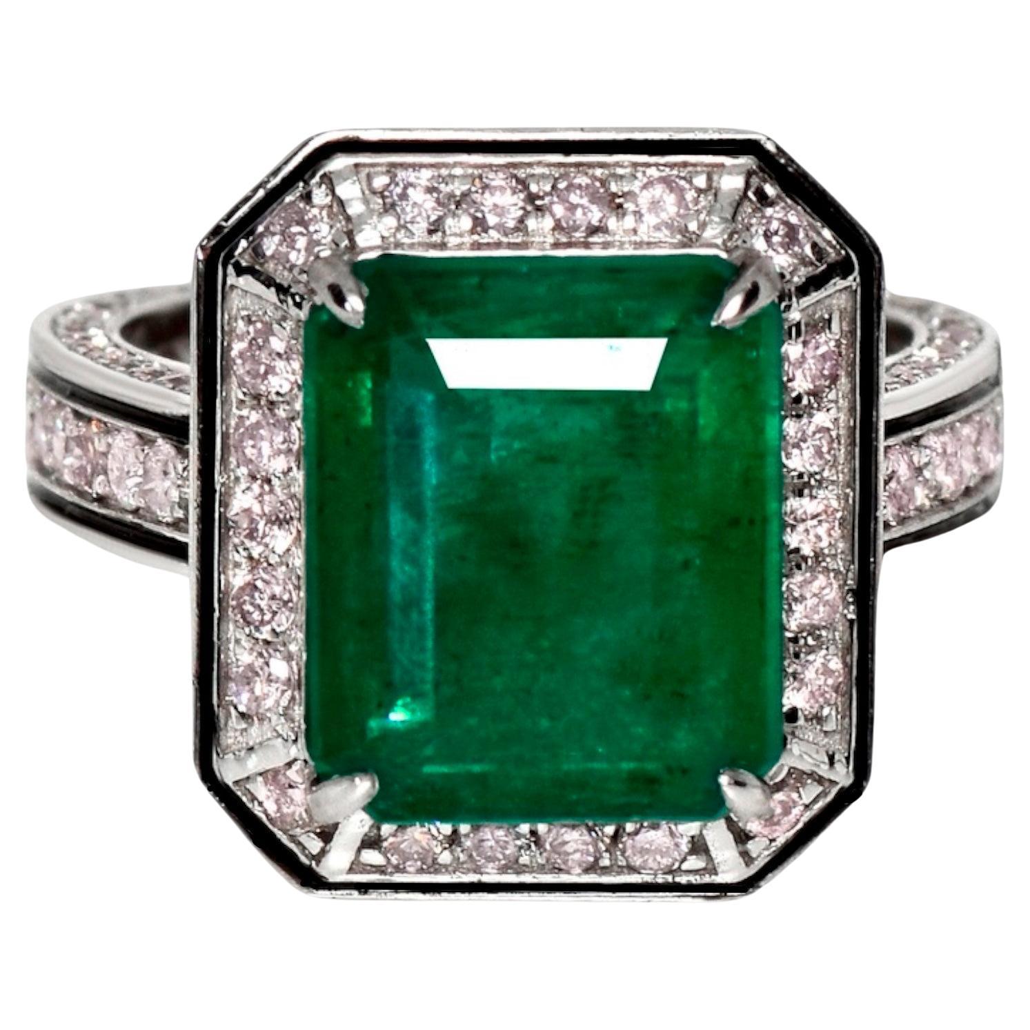 IGI 6.10 Ct 18K White Gold Natural Emerald&Pink Diamonds Engagement Ring