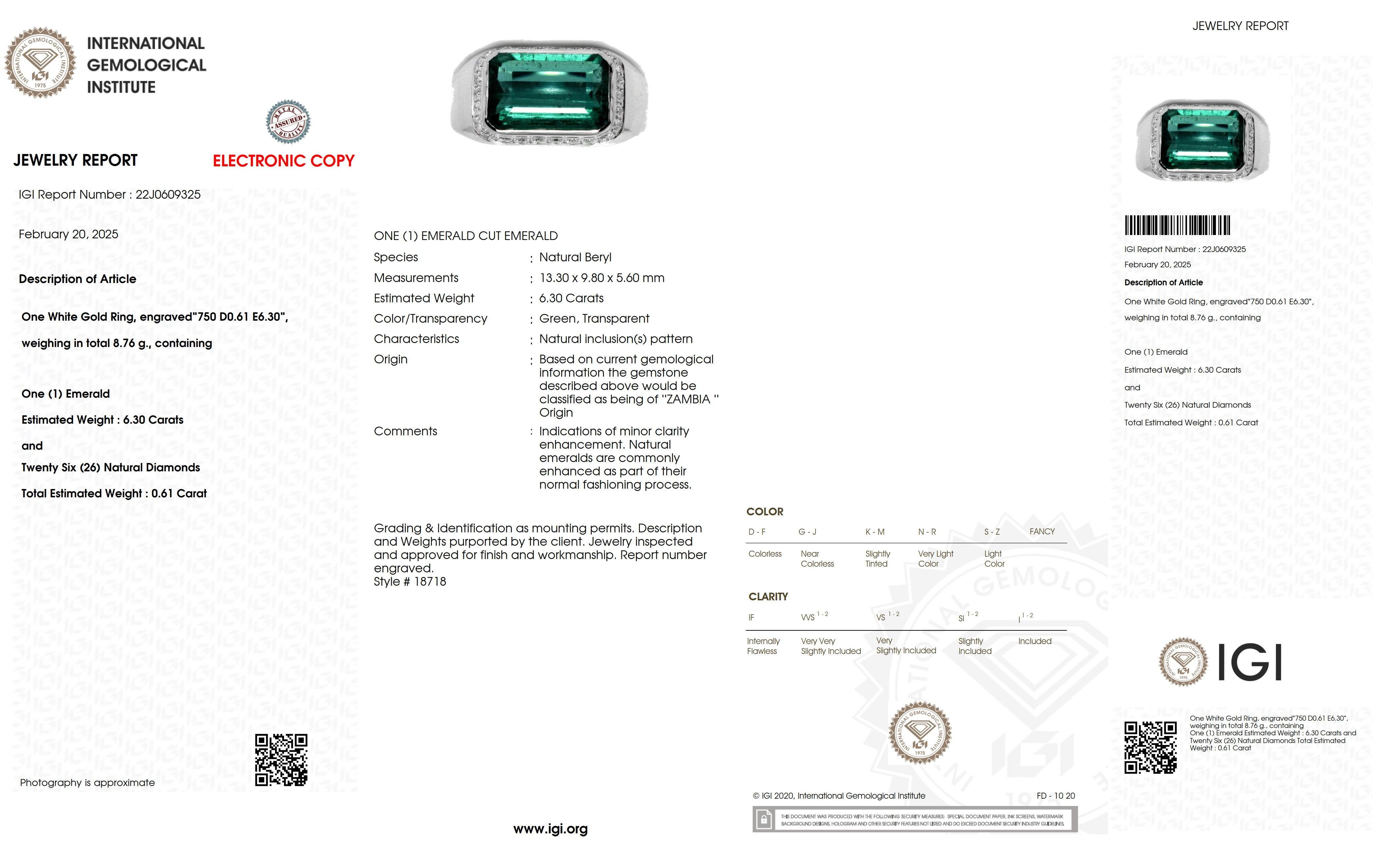 IGI 18K 6.30 Ct Natural Top Emerald&Diamonds Antique Engagement Ring For Sale 2