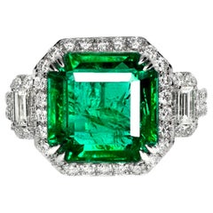 IGI 18K 6,83 qt Esmeralda verde viva natural&Diamantes Anillo de compromiso Art Déco