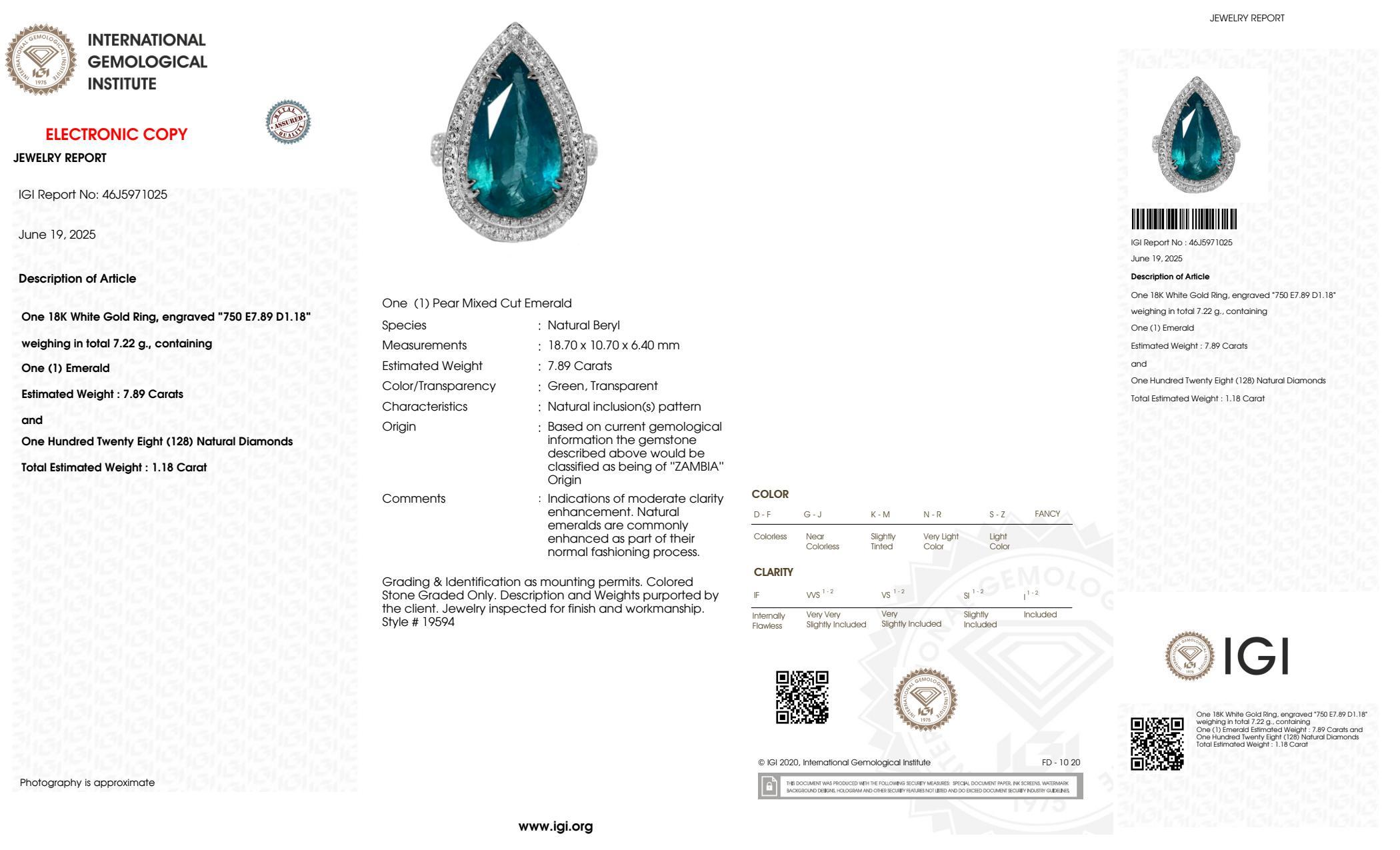 IGI 18K 7.89 Ct Esmeralda Paraiba Natural&Diamantes Anillo de Compromiso Antiguo en venta 2