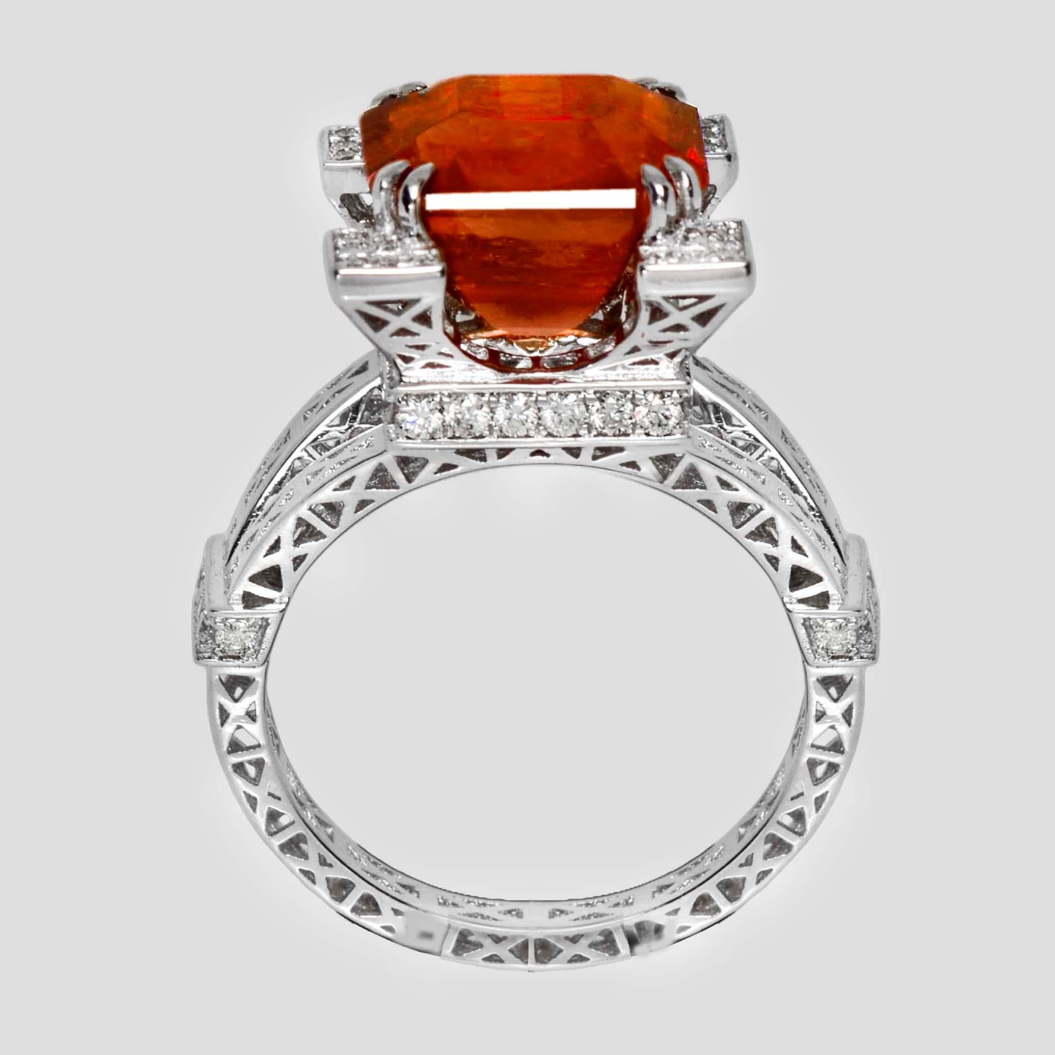 Emerald Cut IGI 18K 8.11 Ct Natural Fanta Garnet&Diamonds Antique Engagement Ring For Sale